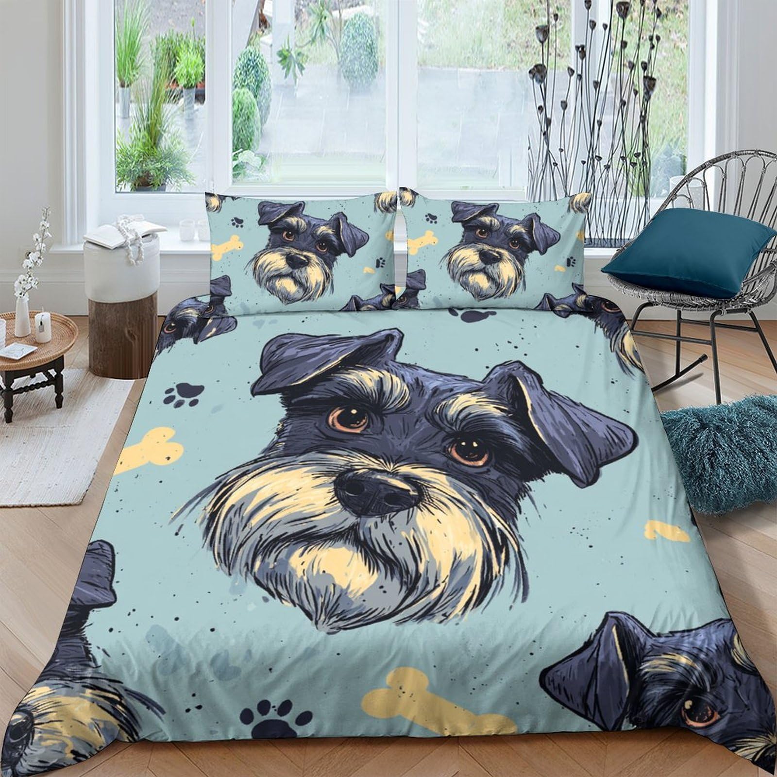Ctjqhvkz Style-3 3D Printed Schnauzer Dog Fitted Sheet Microfiber Soft Blue Bed Sheet For Bedroom Guest Room Decorative Mattress Cover Single（135X200cm）
