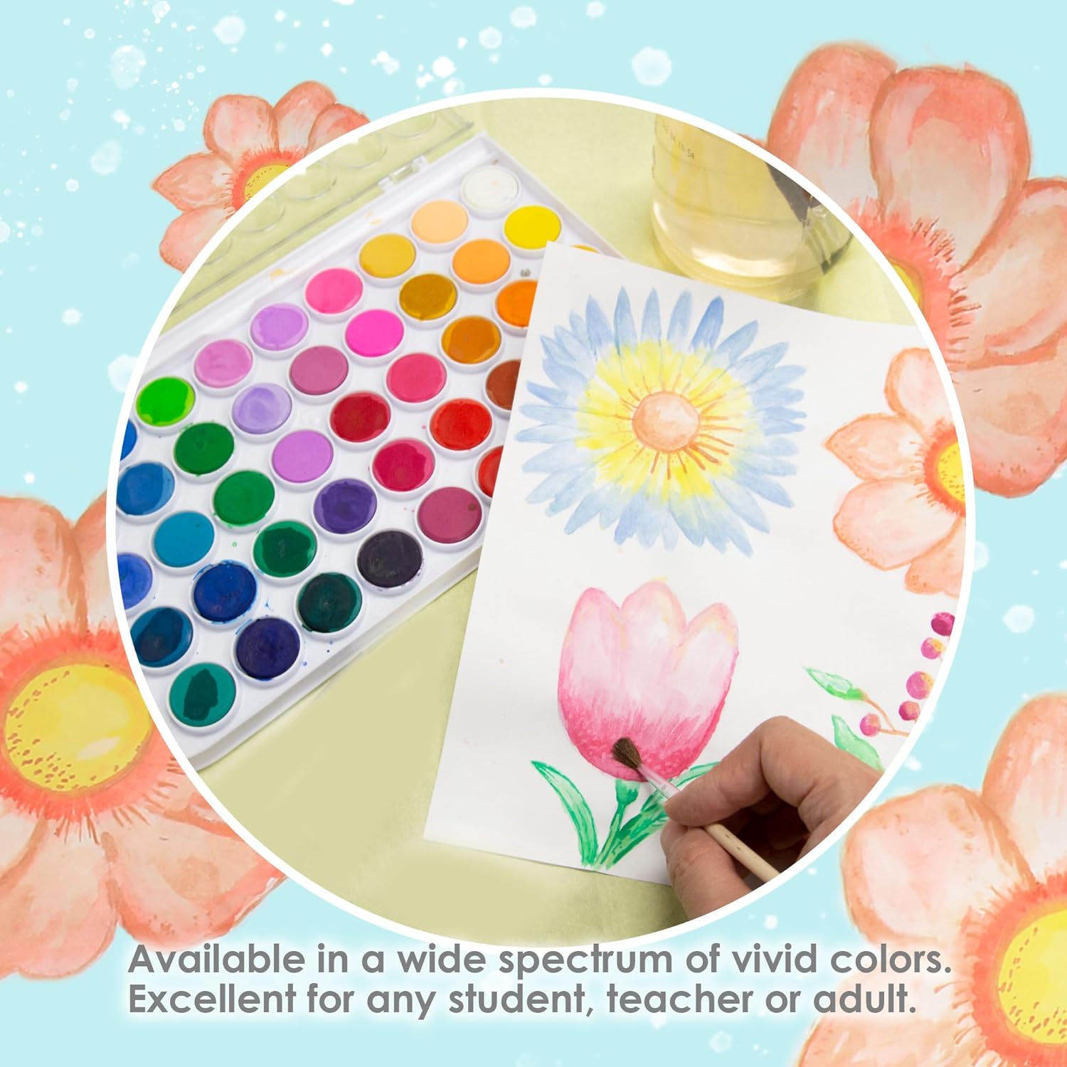 BAZIC Products Watercolor w/Brush & Mixing Palette, 48 Color Non-Toxic Paint Set, for Hobby Fun Art Supplies Vibrant Painting, Gift for Kids Artists, 12-Pack