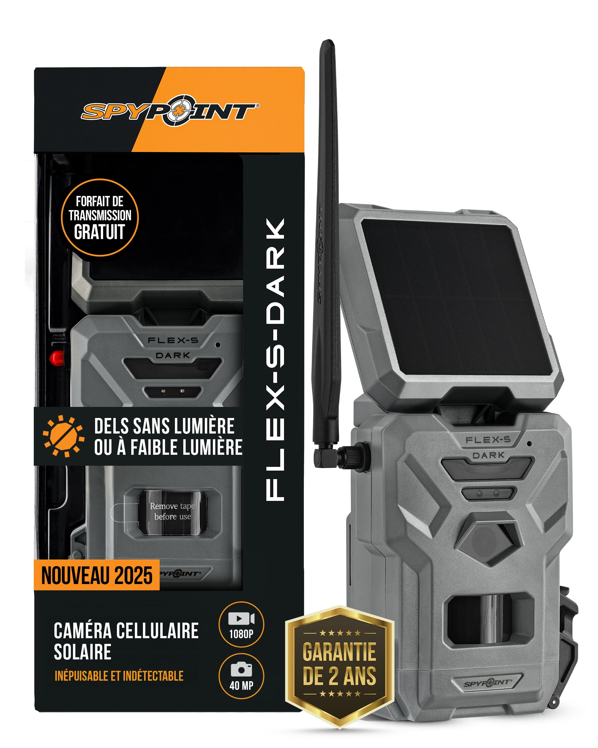 SPYPOINT Flex-S-Dark Caméra de Chasse cellulaire Solaire, Panneau Solaire intégré, Photos 40MP, vidéos 1080p avec Son, caméra sans Lueur Infrarouge, Vision Nocturne, détection de Mouvement | Provenance France. Emballage securisé. Livré avec Facture dont T