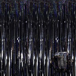 3 Pack Black Foil Fringe Curtain Backdrop, 3.28Ft x 8.2Ft Metallic Tinsel Foil Fringe Streamer Curtains for Photo Booth, Christmas, Halloween, Birthday, Wedding Party Decorations