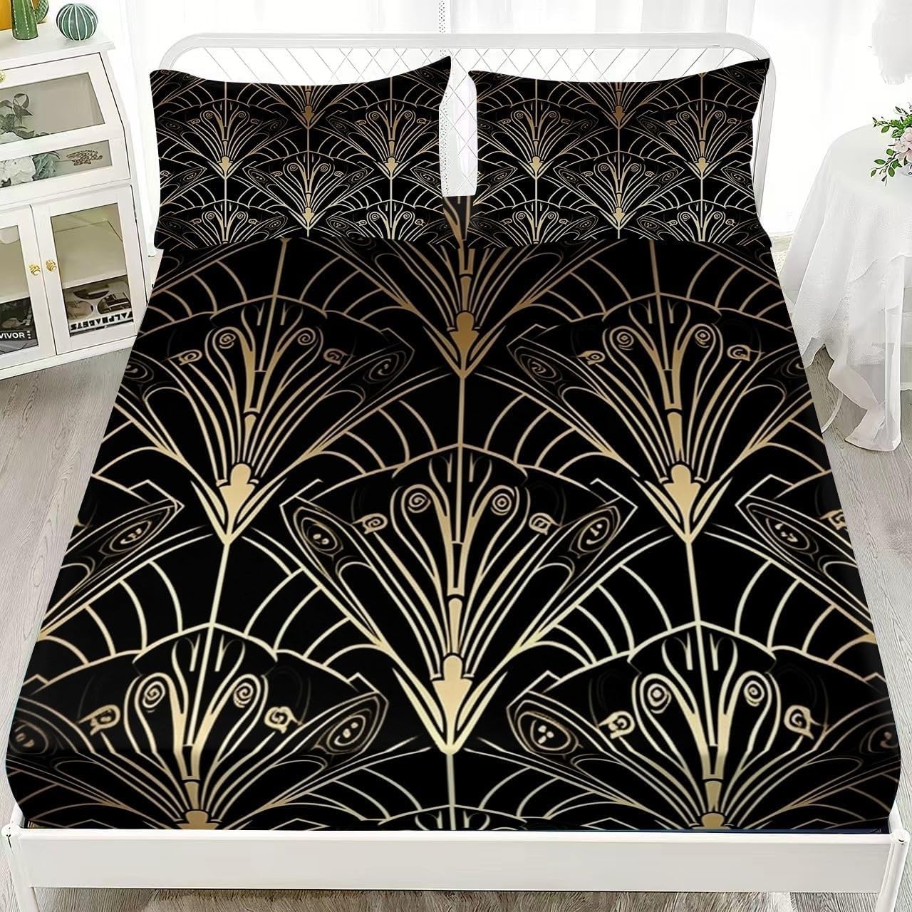 Sabana Bajera 180x200 Estilo ArtíStico Sabanas Bajeras Estampadas Dorado Y Negro Sábana Bajera Ajustable Suaves, Elastico Funda Colchon con 2 Funda Almohada 50x80 cm, para Colchón de 30cm de Altura