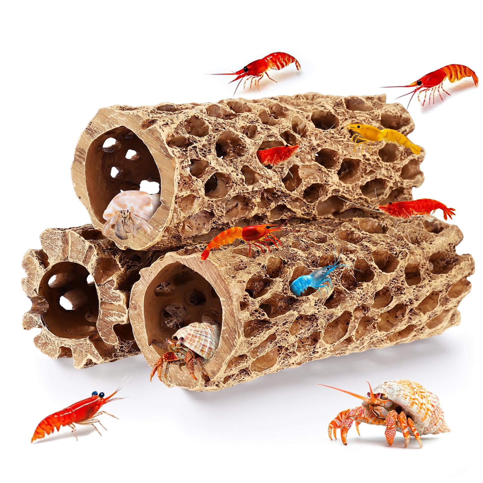 Decorazione per acquario, in resina, 15 cm, realistica, nascondiglio per gamberetti, giocattolo da arrampicata, confezione da 3