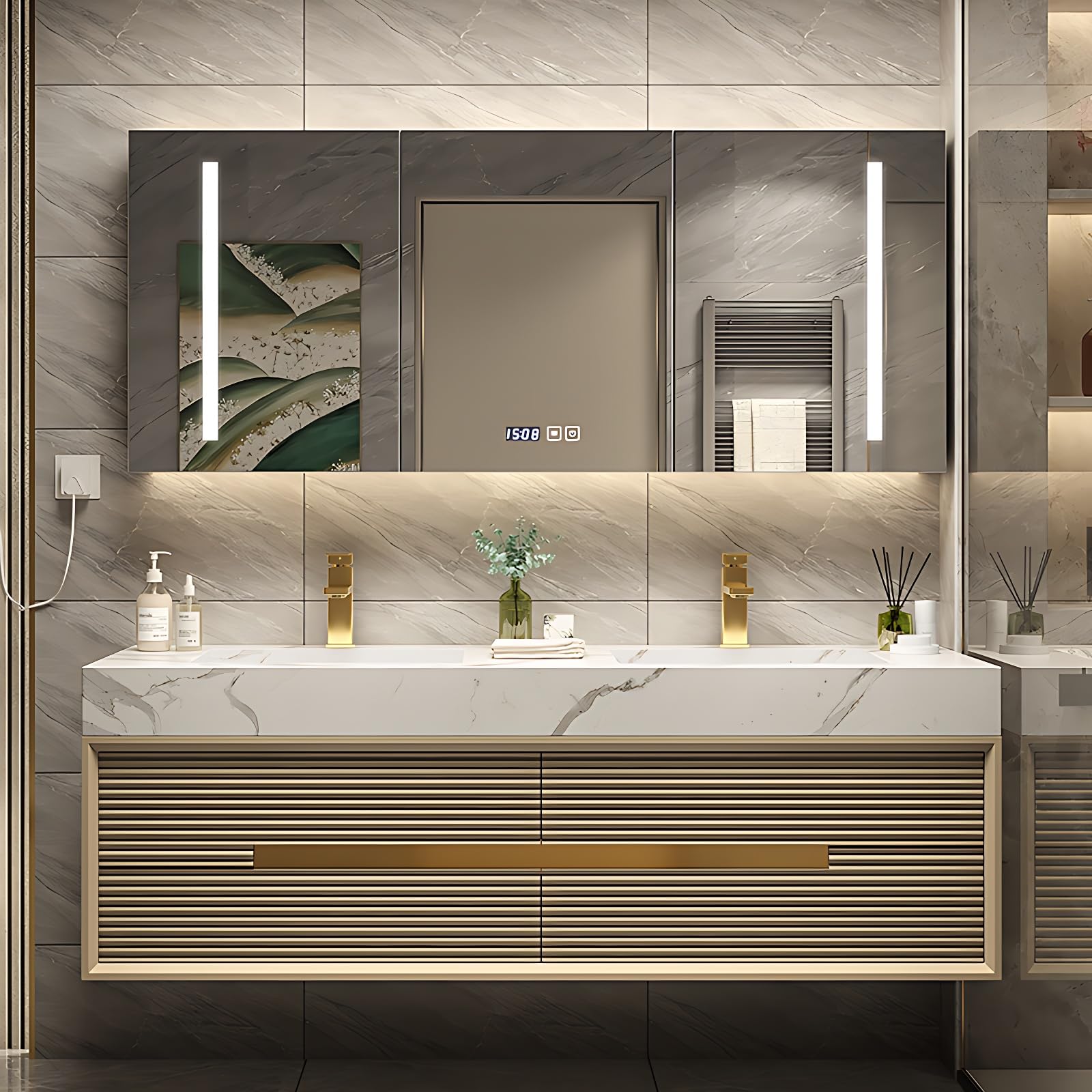 ZGNBSD Double Sink Bathroom Vanity - Bathroom Vanity with Sink Include Smart LED Defog Mirror ? Cabinet with Novel Appearance, Floating Solid Wood