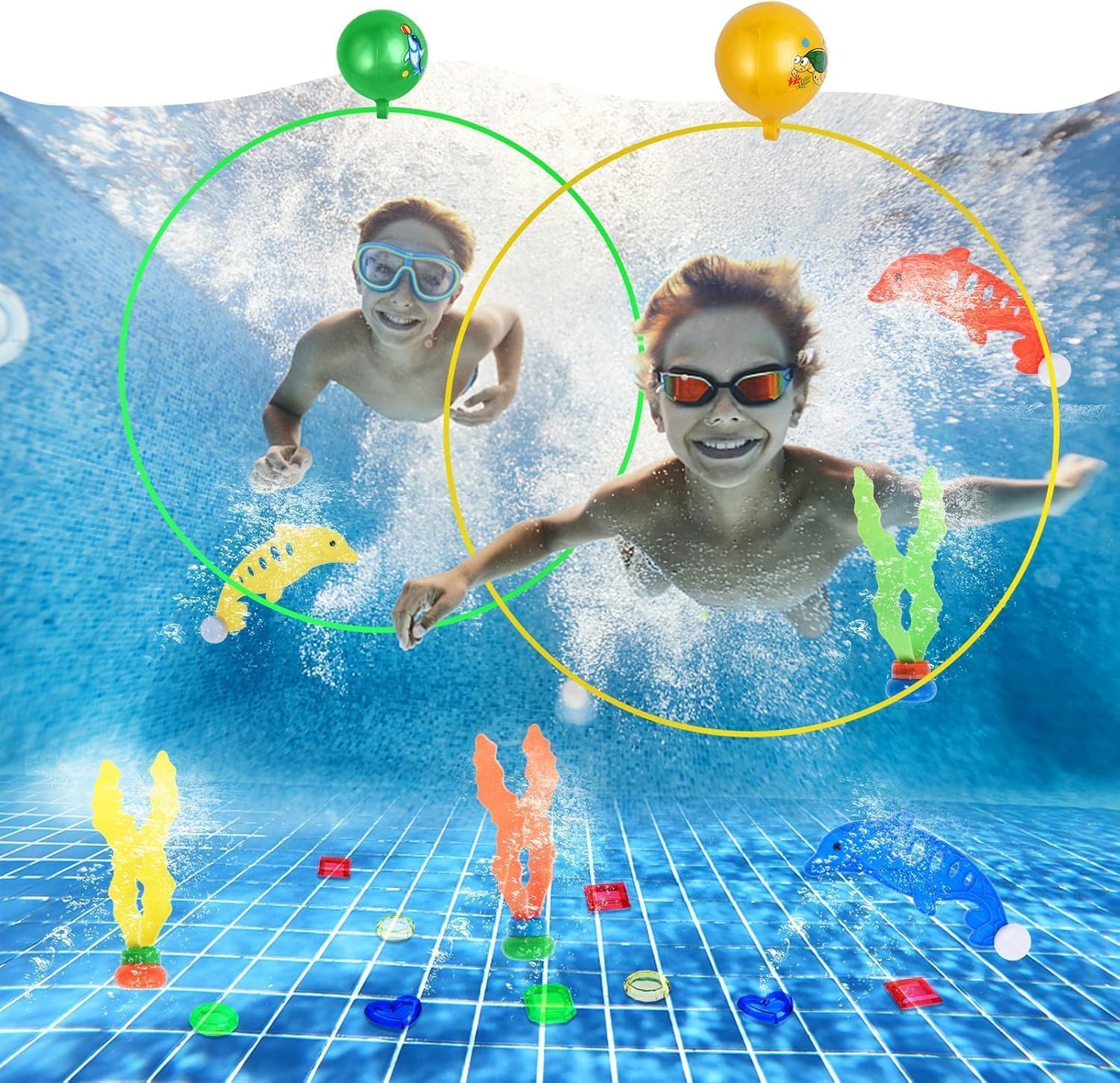 Faburo 20Stk Tauchring Kinder Tauchring Unterwasser Swimmring Tauchspielzeug Pool Spielzeug Set mit Tauchringe Edelsteine Aufbewahrungstasche für Kinder Junge Mädchen