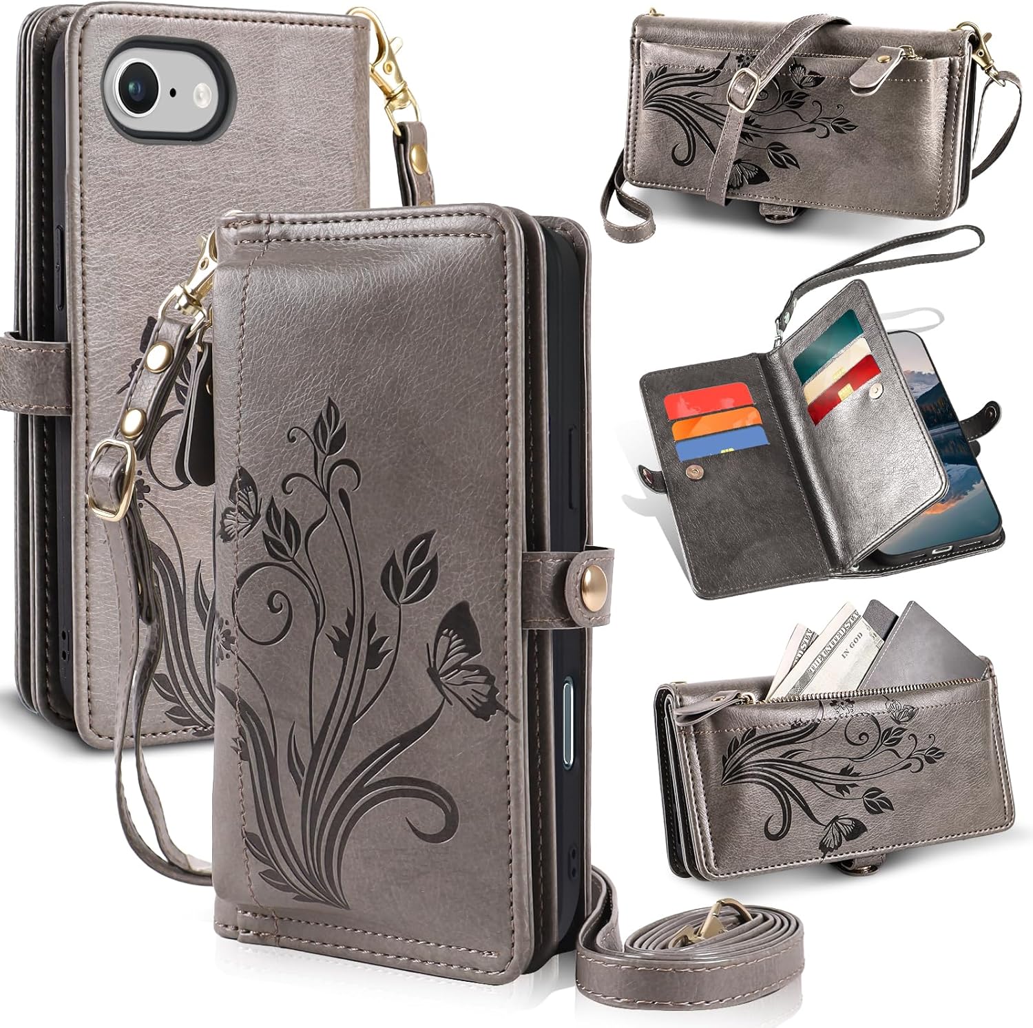 Lacass for iPhone 16e/17e Case Wallet,[Cards Theft Scan Protection] Card Holder Zipper Leather Flip Cover Crossbody Wrist Strap with Stand (Floral Gray)