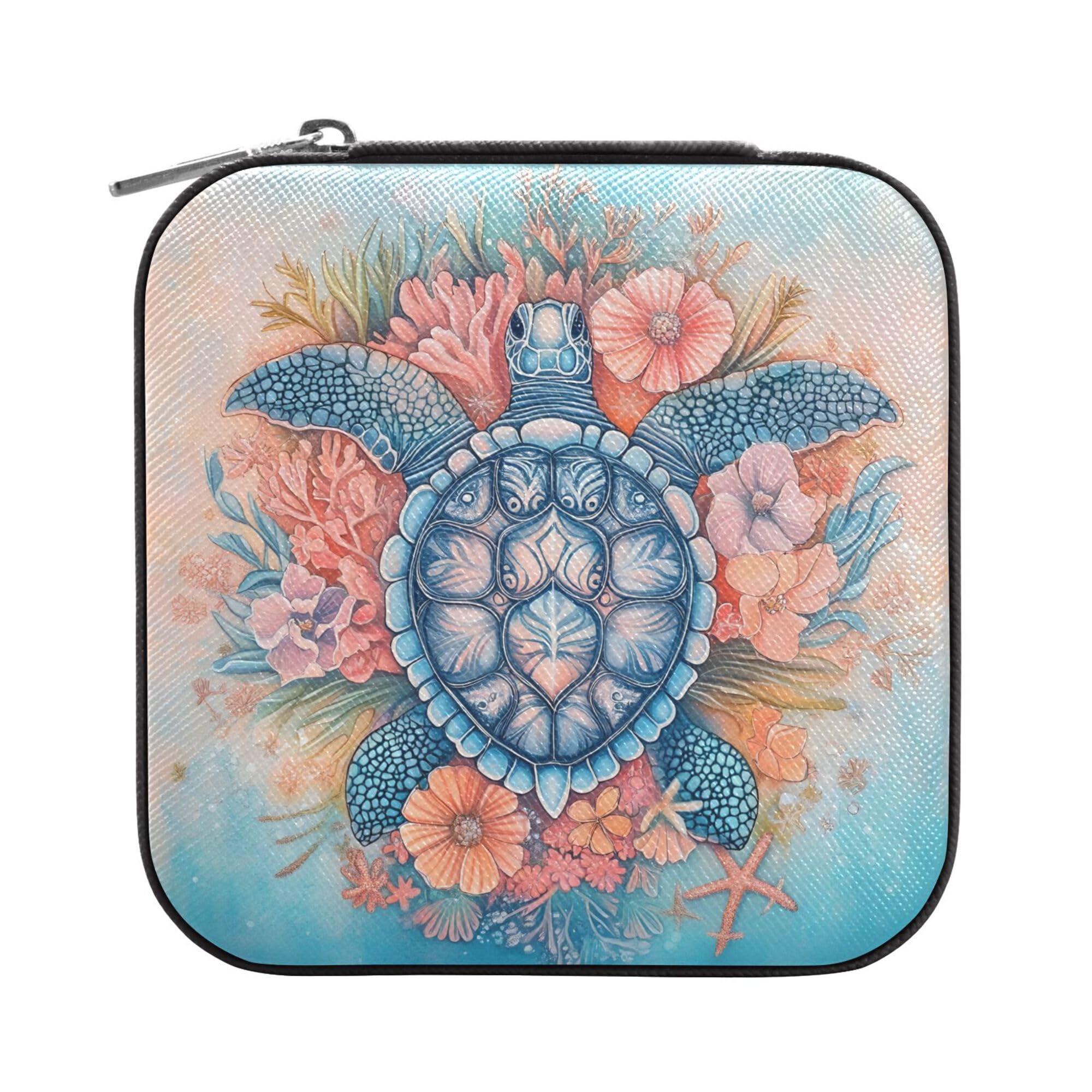MNSRUU Small Jewelry Box Storage and Organizer Turtle Pink Flower Mini Travel Jewelry Case Portable Earring Ring Organizer Boxes for Women Girls, Black
