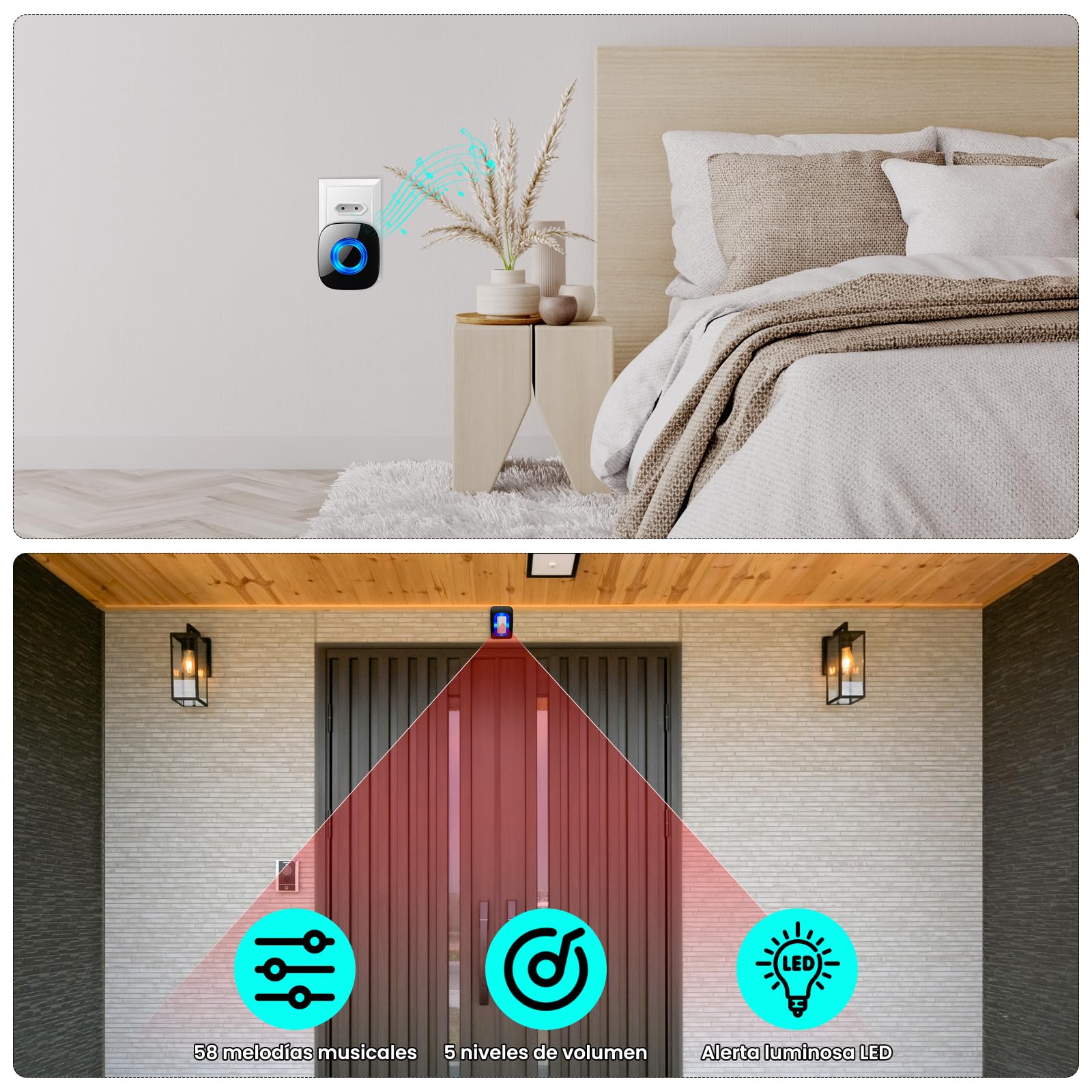 PHYSEN Sensor de Movimiento Inalámbrico con Alarma Sonora, Avisador Puerta Tienda Sensor Movimiento,Timbre Inalámbrico, 58 Tonos + 5 Volúmenes, para Entrada/Hogar/Tienda/Oficina