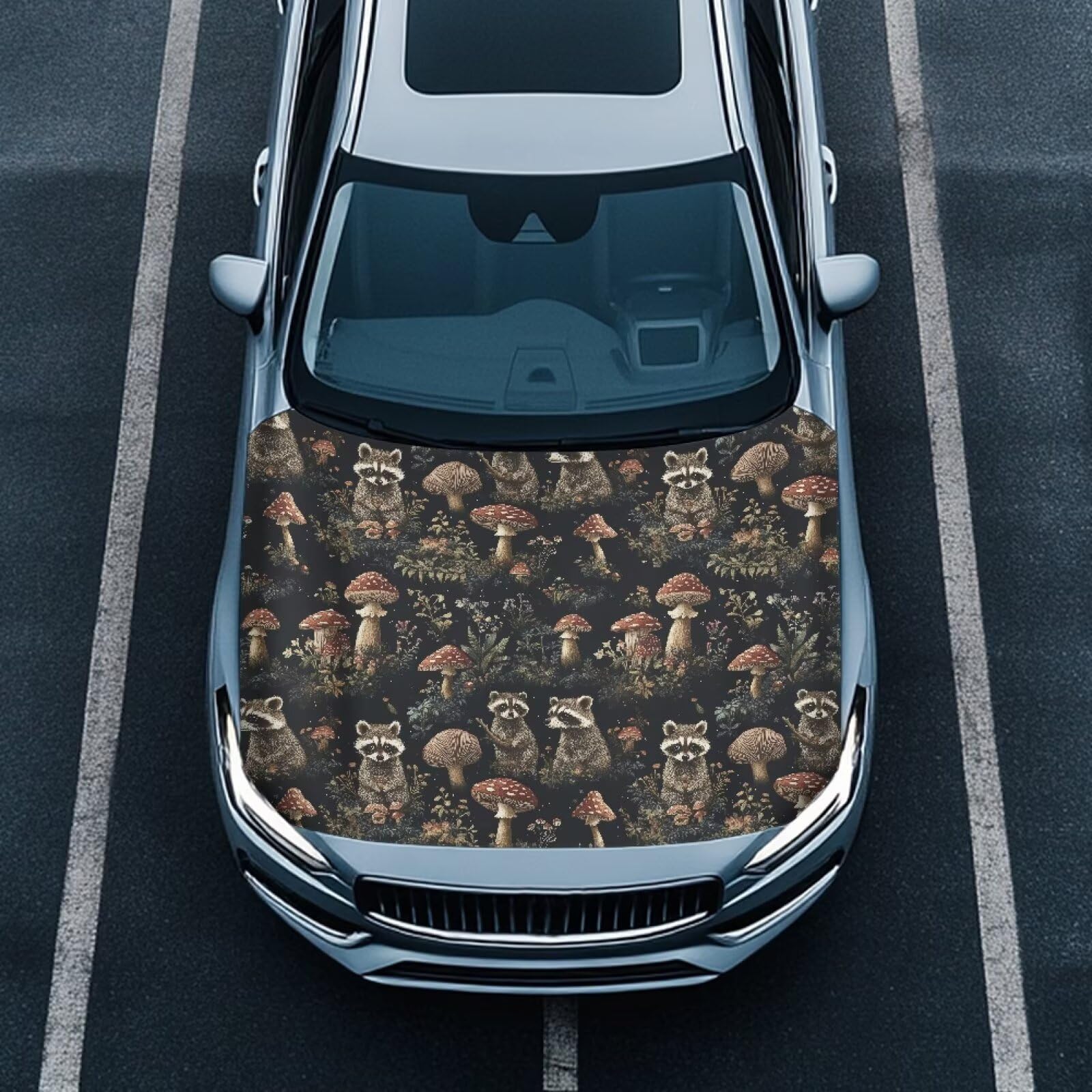 Mushroom Raccoon Car Hood Cover Stretch Polyester Car Hood Cover Waterproof Automotive Accessories Easy Installation for Car Hood Decoration and Protection