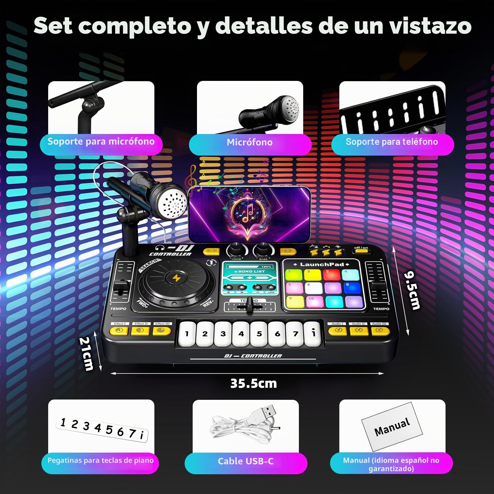 Mesa DJ Niños, Mesa de Mezclas DJ Musical Multifuncional para Niños, con Bluetooth, Micrófono, Juegos de Luces, Carga por USB, Ideal para 3 a 10 Años en Fiestas y Entretenimiento Familiar