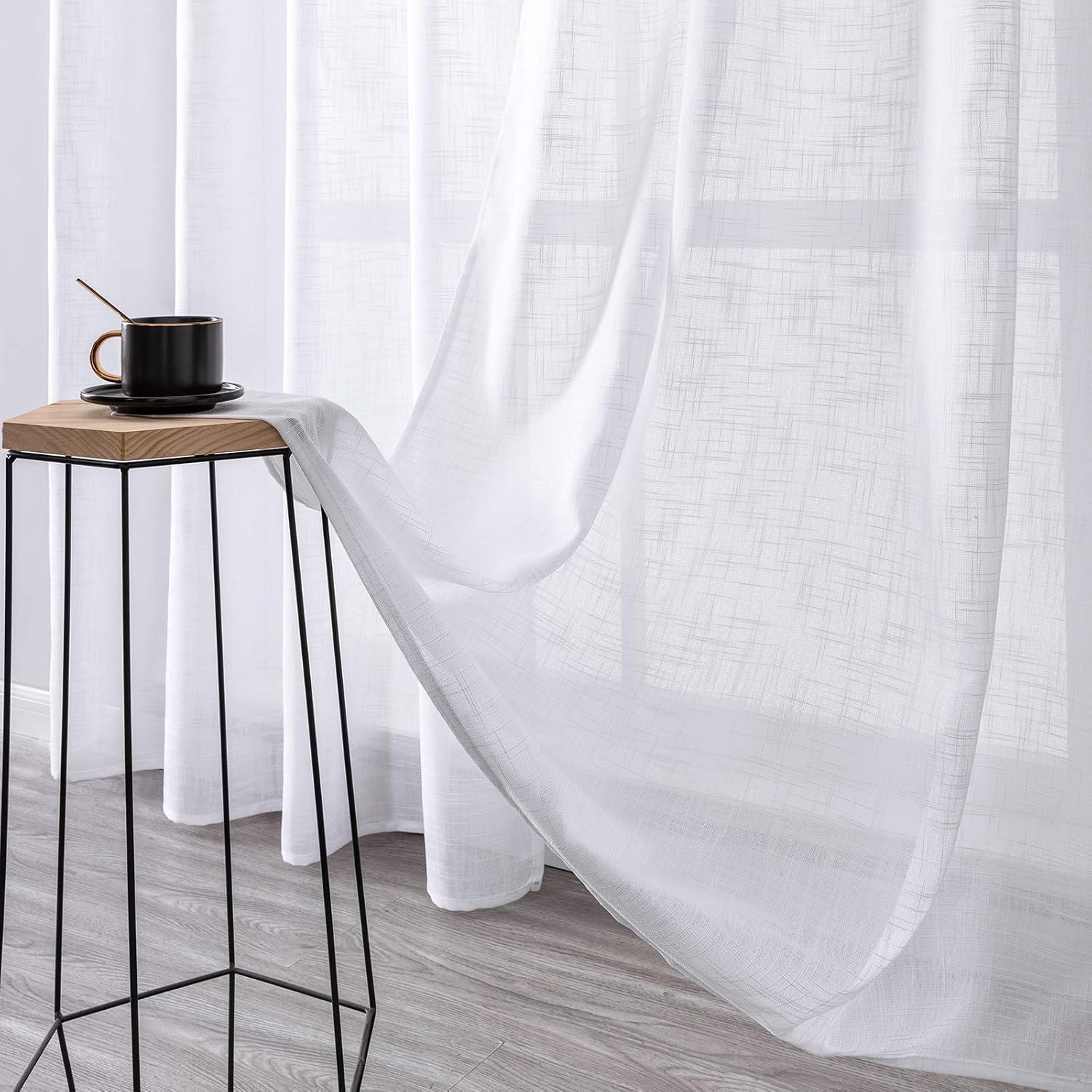 MRTREES Linen Textured Voile Curtains 63 Drop 2 Panels Short Window Semi Transparent Sheer Curtain Panels for Living Room Bedroom Bay Window Weave Slub Design 140x160cm White - Image 4