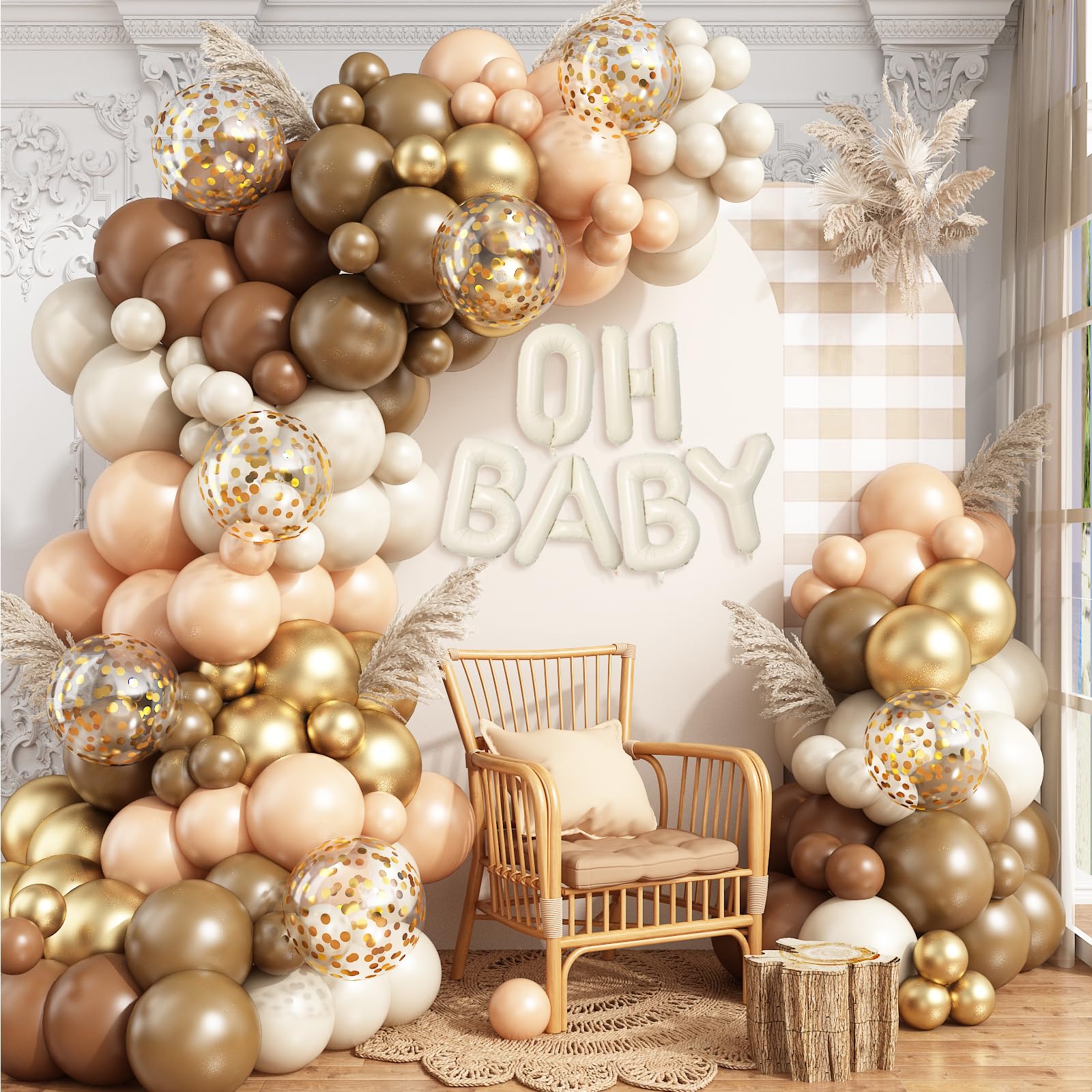 Brown Balloon Arch Garland Kit,Boho Baby Shower Decorations with Oh Baby Balloon Banner Tan Neutral Beige Gold Balloons for Girl Boy Girl Teddy Bear Baby Shower Birthday Party Supplies