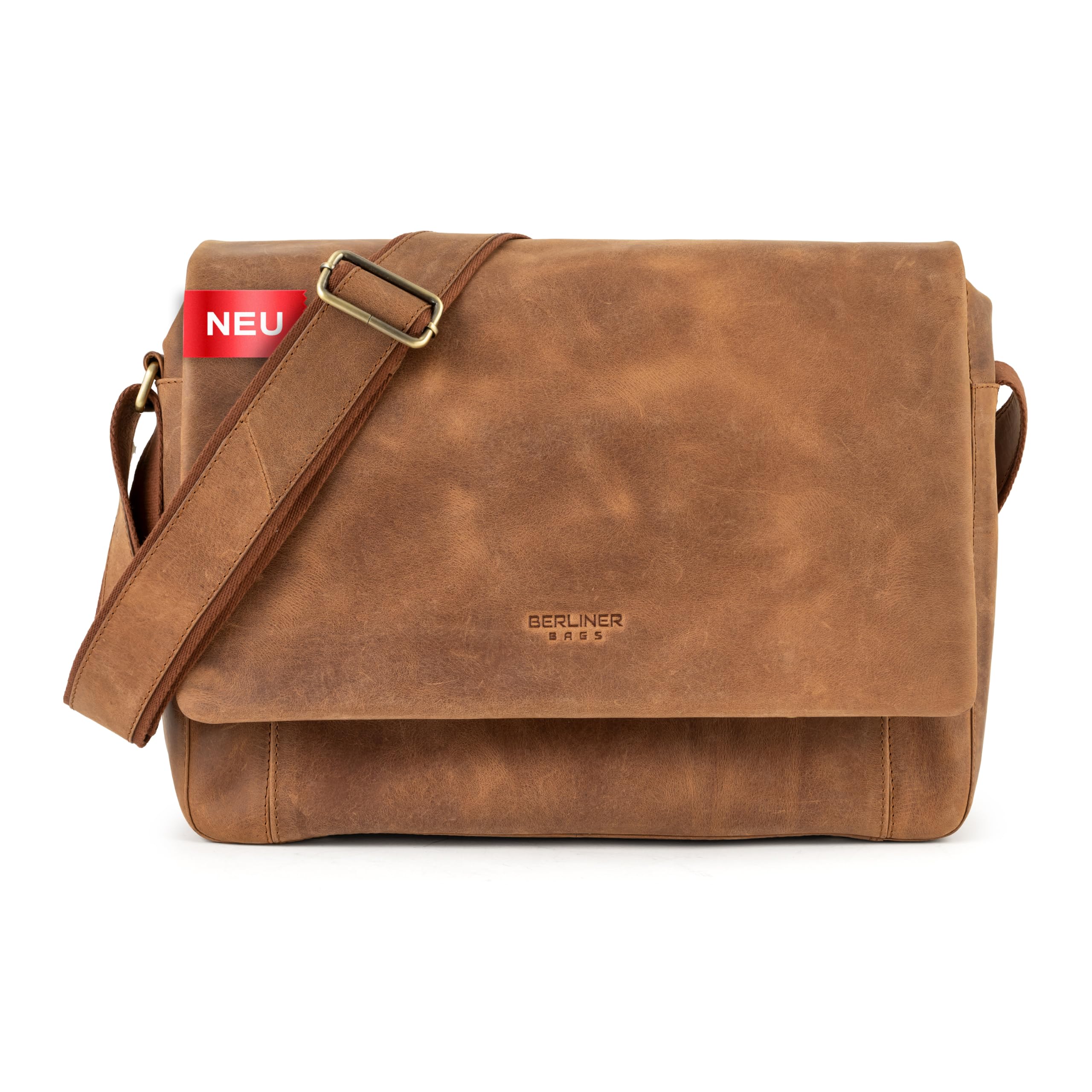 Berliner Bags Umhängetasche P-Berg Vintage, Messenger Bag aus Leder - Braun | Arbeitstasche & Umhängetasche für Herren, 17 Zoll Laptopfach & RFID-Schutz, verstellbarer Schulterriemen aus Echtleder