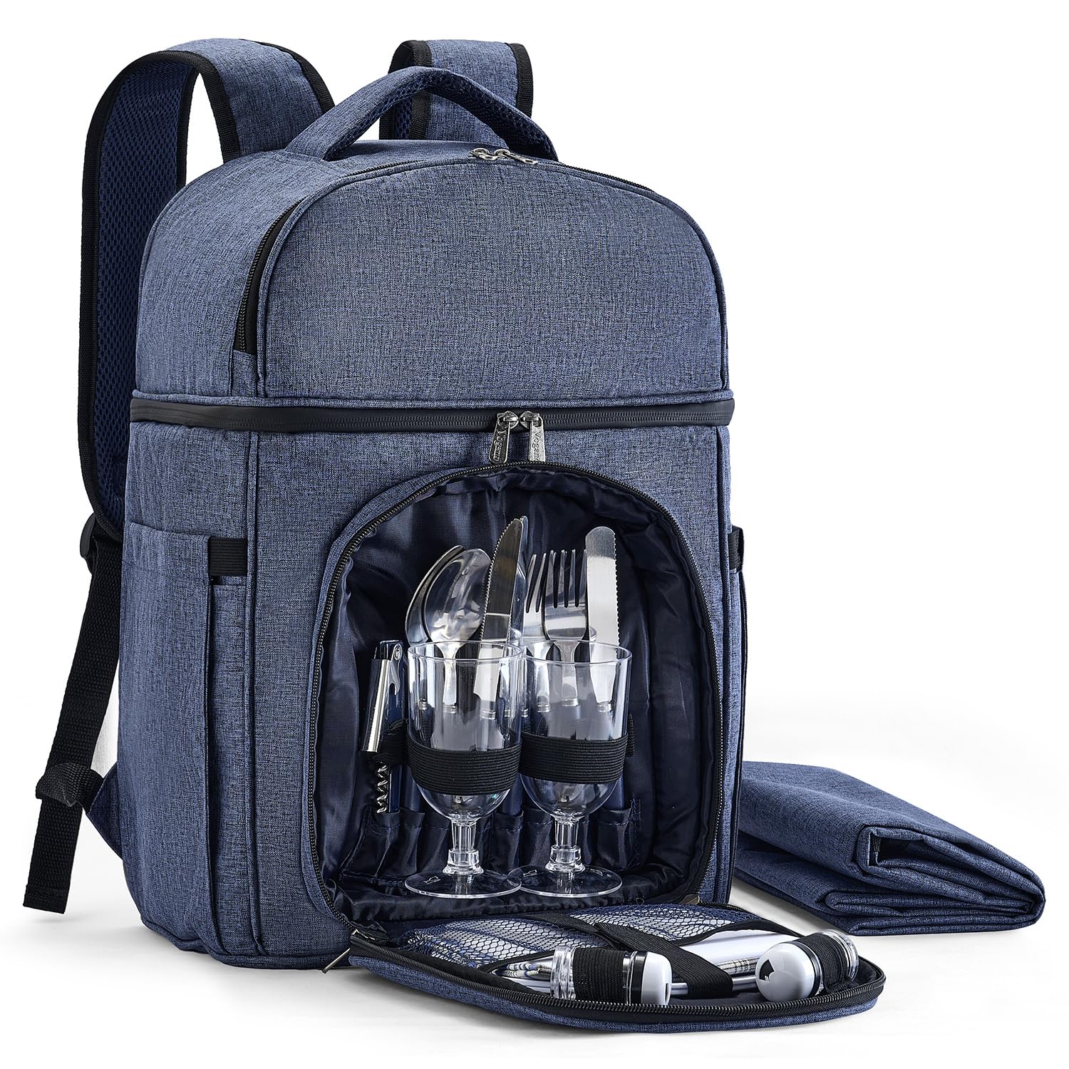 Vogano Picnic Backpack & Accessories - Picnic Set for 2 Person with 2 Insulated Cooler Compartment, Lightweight Blanket and Cutlery Set, Perfect for Wedding Gifts for Couples and Bridal Shower Gifts