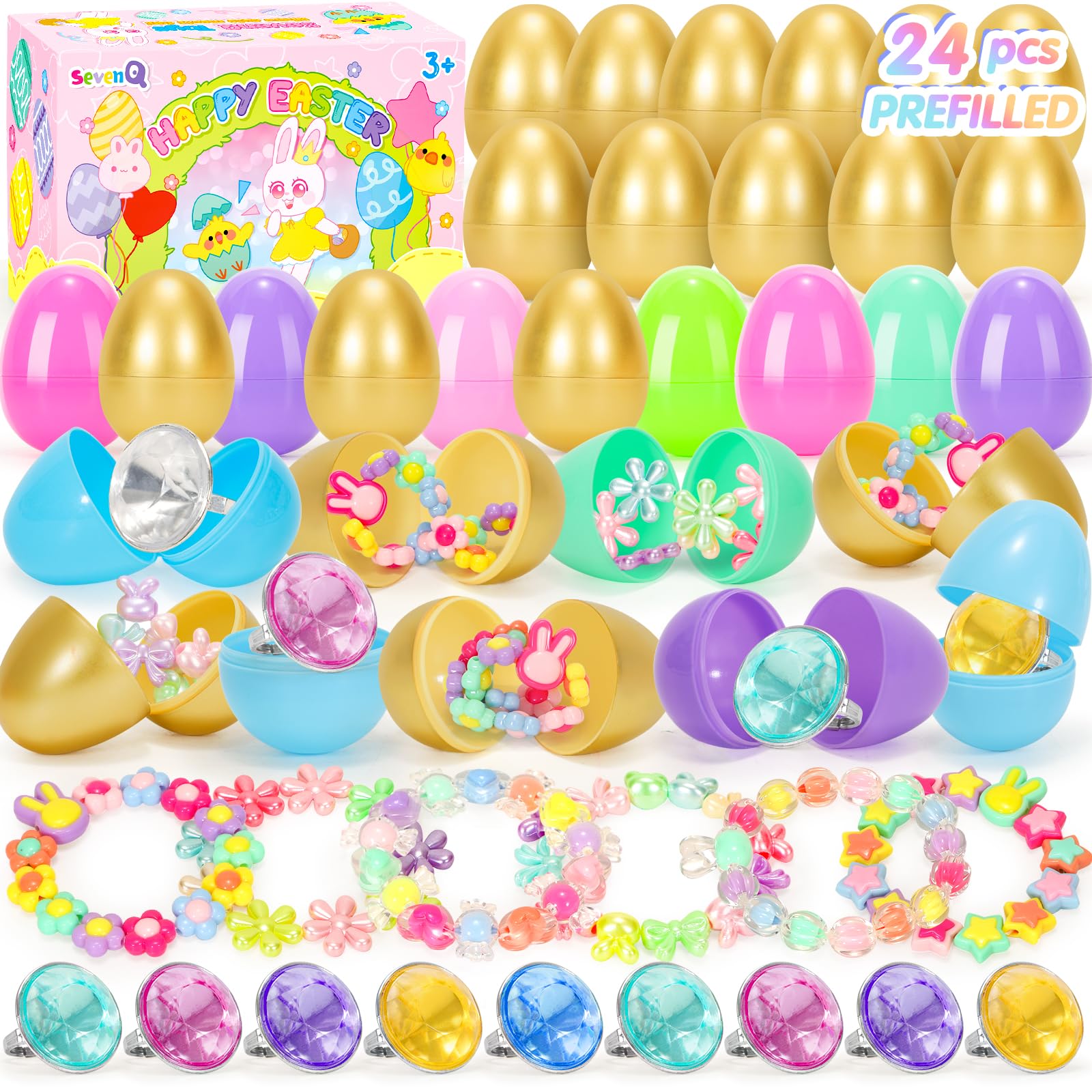 SevenQ - Lot de 24 œufs de Pâques pré-remplis avec bracelets et bagues - Bijoux pour enfants filles - Pour remplir le panier de Pâques - Cadeaux pour enfants - Jouets anti-stress - Favoris pour fêtes