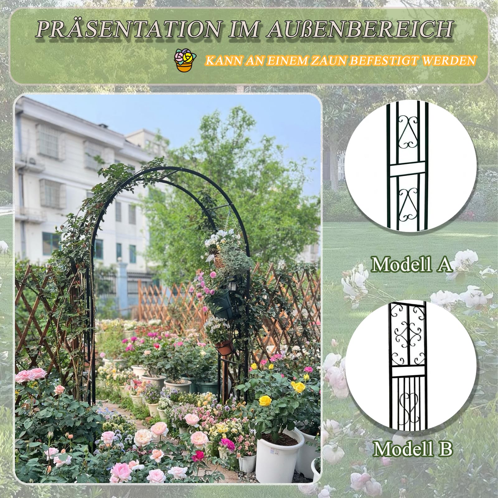 Rosenbogen,Gartenbogen aus Metall,Nützlich Bei Hochzeiten Und Vor Ihrer Haustür，Hochzeitsbogen，Gartentorbogen-L180xW40xH230cm-Weiß-B