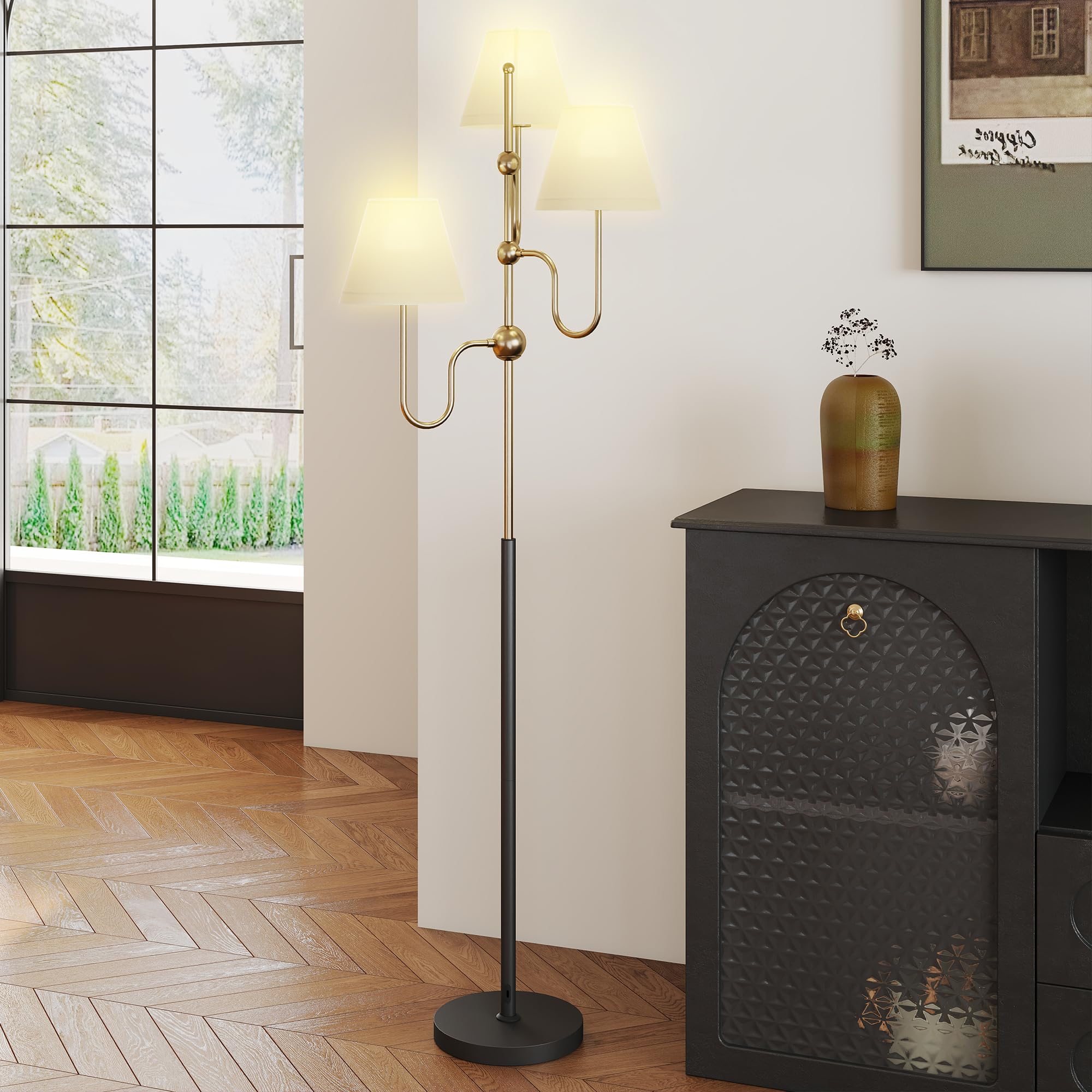 HOMCOM Lampada da Terra Alta 165 cm 3 Luci Attacco E27 Max 40W Color Oro | Lampada da Pavimento, Interruttore a Pedale, per Camera e Ufficio