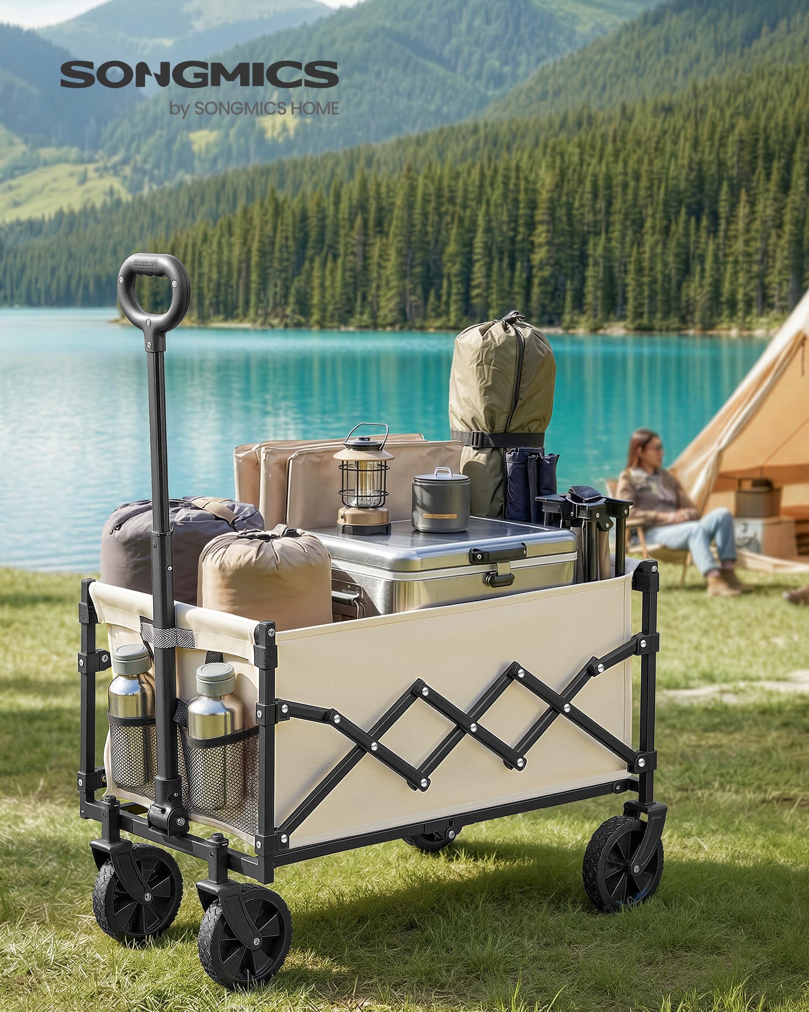 SONGMICS Carrello da Spiaggia Pieghevole 90 L 180 kg con Ruote Beige Sabbia