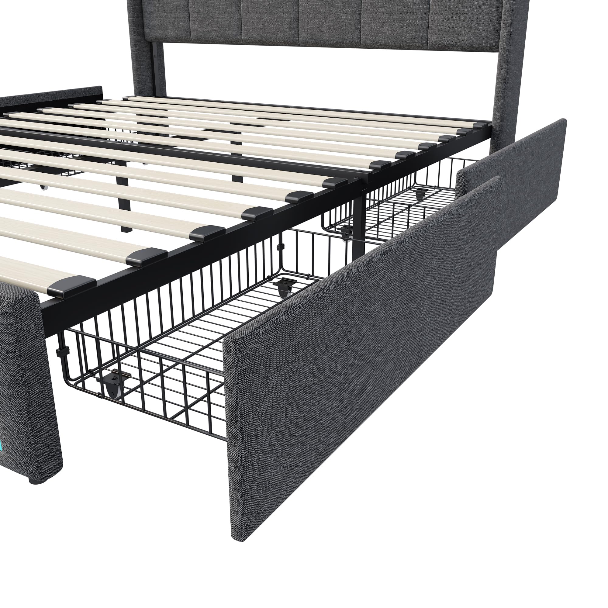 Letto imbottito, 160 x 200 cm, letto matrimoniale, letto funzionale con illuminazione a LED e funzione di ricarica USB, letto con 4 cassetti e rete a doghe, letto per giovani, con schienale