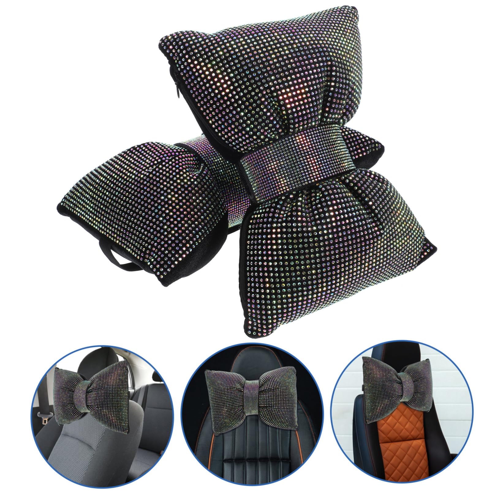 VALICLUD 2 Pièces Coussin Appui- Voiture avec Nœud Ornement Strass Oreiller Soutien Cervical Décoratif pour Siège Auto Installation Facile Élégant et Confortable