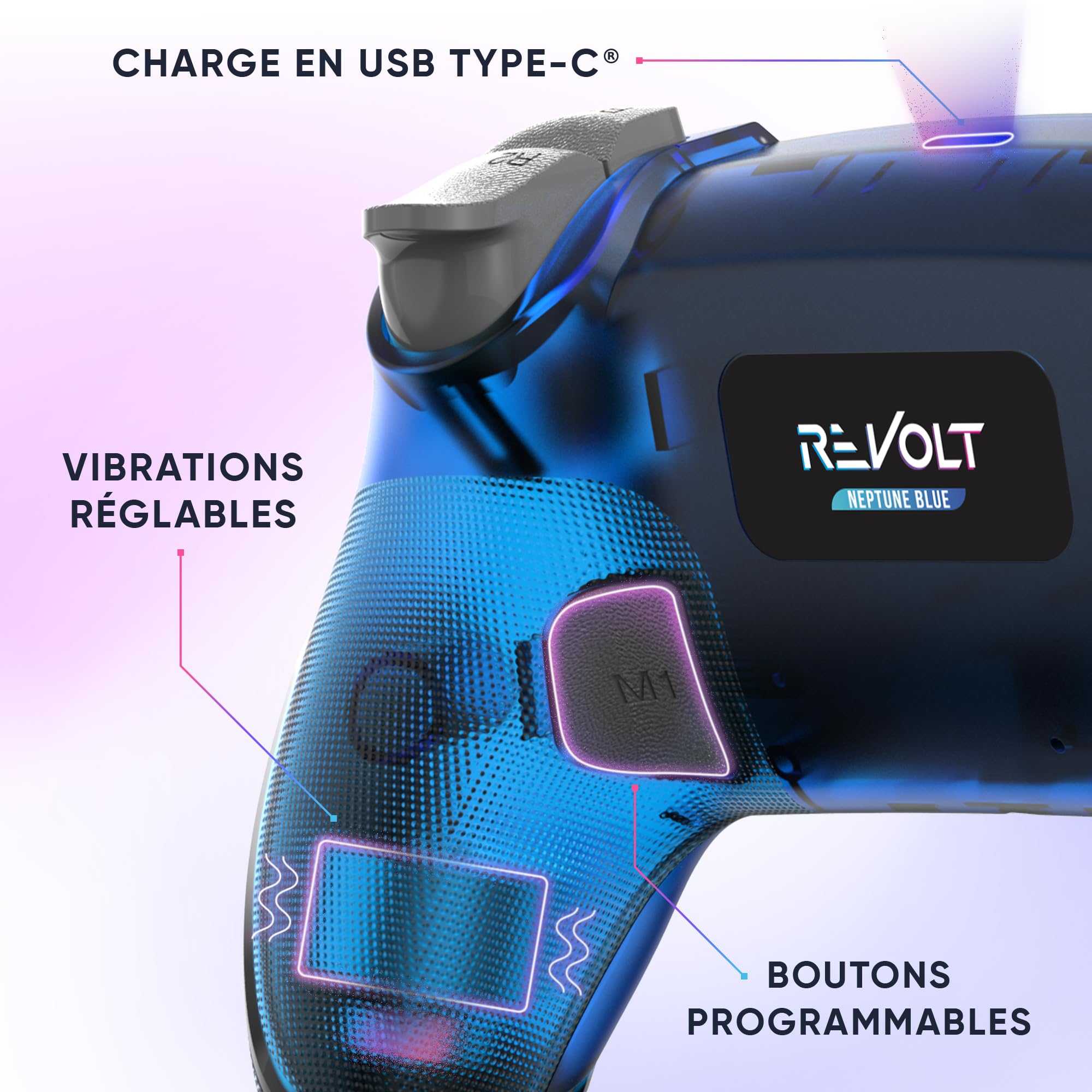 Oniverse Manette PS4 PS3 PC ANDROID iOS, sans fil, Sortie Casque Stéréo, Vibrations réglables, Pavé tactile, boutons macro, mode Turbo, Wake up, Gyroscope 6 axes, Revolt (Neptune Blue/Bleu)