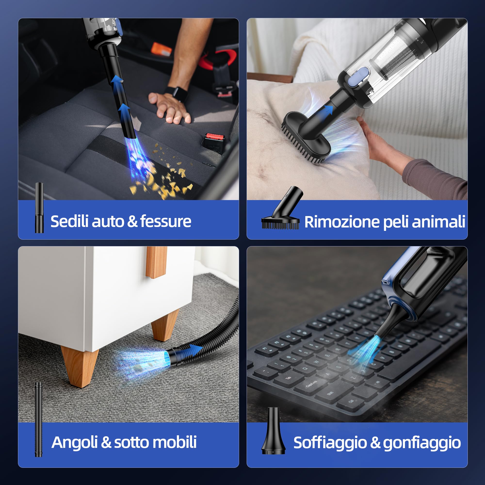 Aspirapolvere senza fili 18000Pa con luce LED, 2 in 1 aspiratore e soffiatore d'aria, motore brushless 130W, batteria 7800mAh, ricarica USB-C veloce, per auto, casa, peli animali, 7 accessori