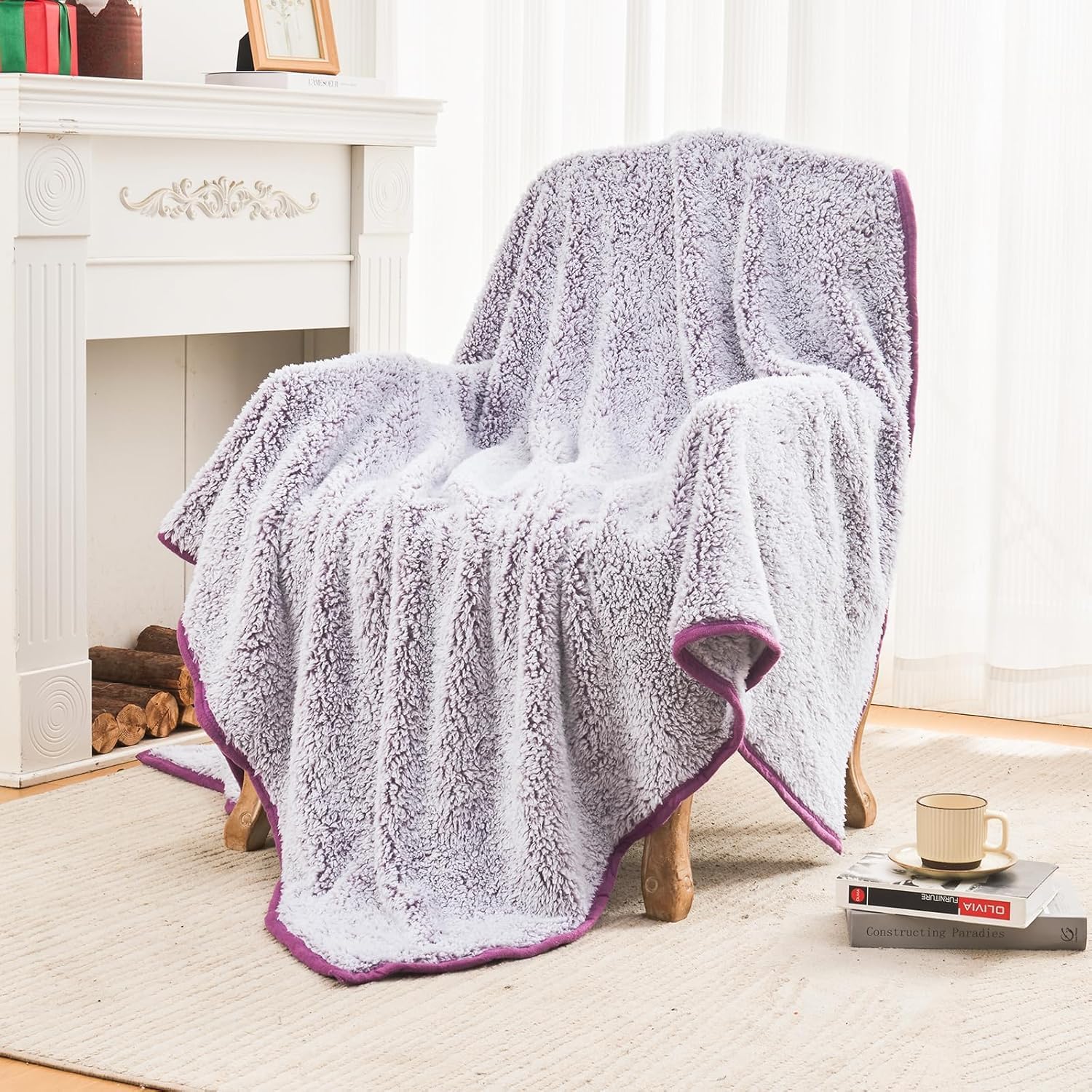 EMME Soft Sherpa Fleece Blanket Reversible Plush Fluffy Large Blanket, Light Weight Warm Decorative Boho Blanket Cover for Sofa, Couch, Bedroom,Travel(Plush Purple,50"x60") 11-plush Purple Throw