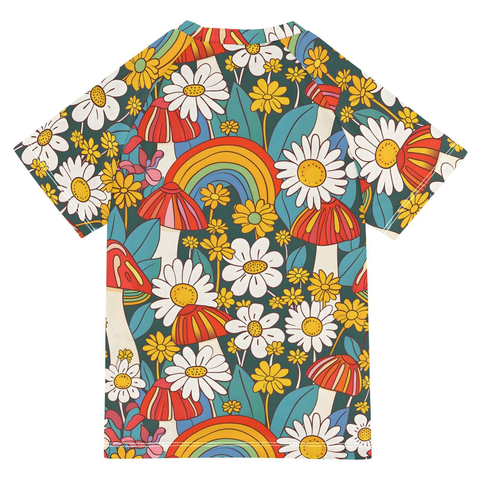 ALAZA Boys Rash Guard Swimming Shirt for Boys Short Sleeve Flowers Mushrooms Rainbows UPF 50+ 5-6T