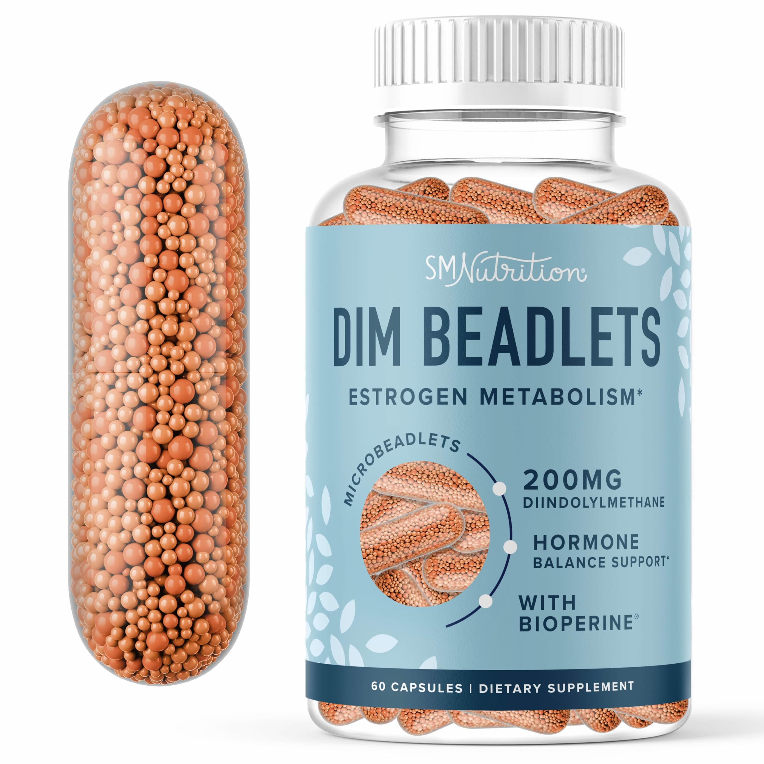 DIM Supplement 200 mg for Hormone Balance | Delayed-Release Microbeadlets | Estrogen Balance for Women & Men, Hormonal Acne Supplements, Menopause & Antioxidant Support | Vegan, Soy Free | 60 Ct.