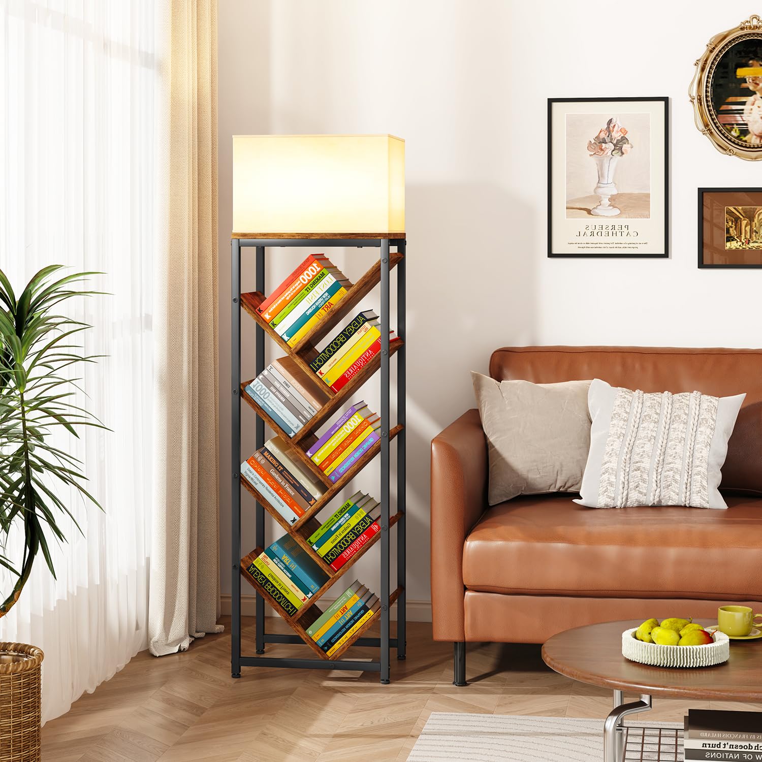 IBUYKE - Libreria ad albero a 9 ripiani, da terra, in legno, per spazi ristretti, organizer per libri/CD/film, piccola libreria angolare per camera da letto e soggiorno, marrone rustico, TBC002H