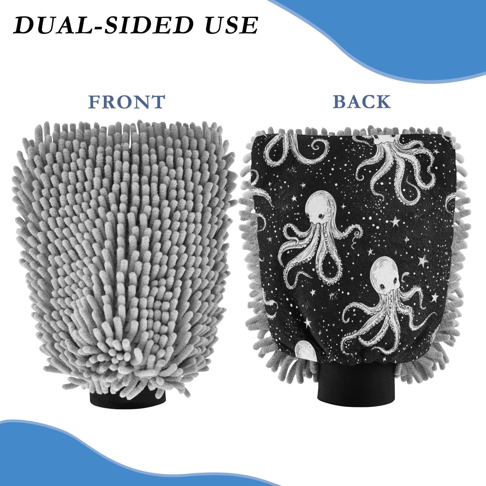 STAYTOP Octopus Floats in Space Car Wash Mitt Microfiber, 2Pcs Scratch Free Lint-Free, Premium Chenille Microfiber Mitt Car Wash Brush-M