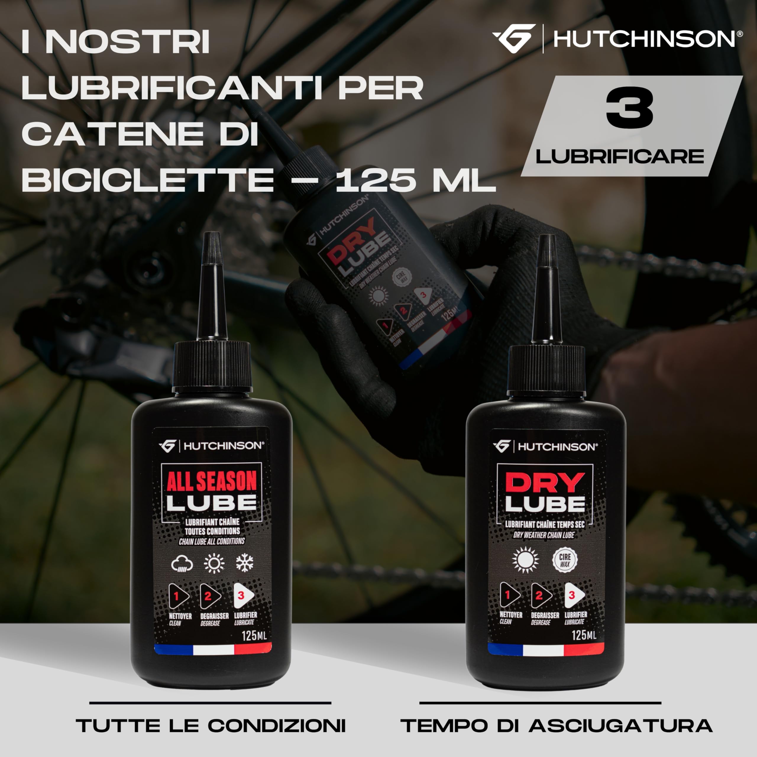 HUTCHINSON – DRY LUBE 125ml – Lubrificante Catena per Clima Secco | Formula a Base di Cera Made in France | Riduce Usura e Attrito | Prestazioni Elevate
