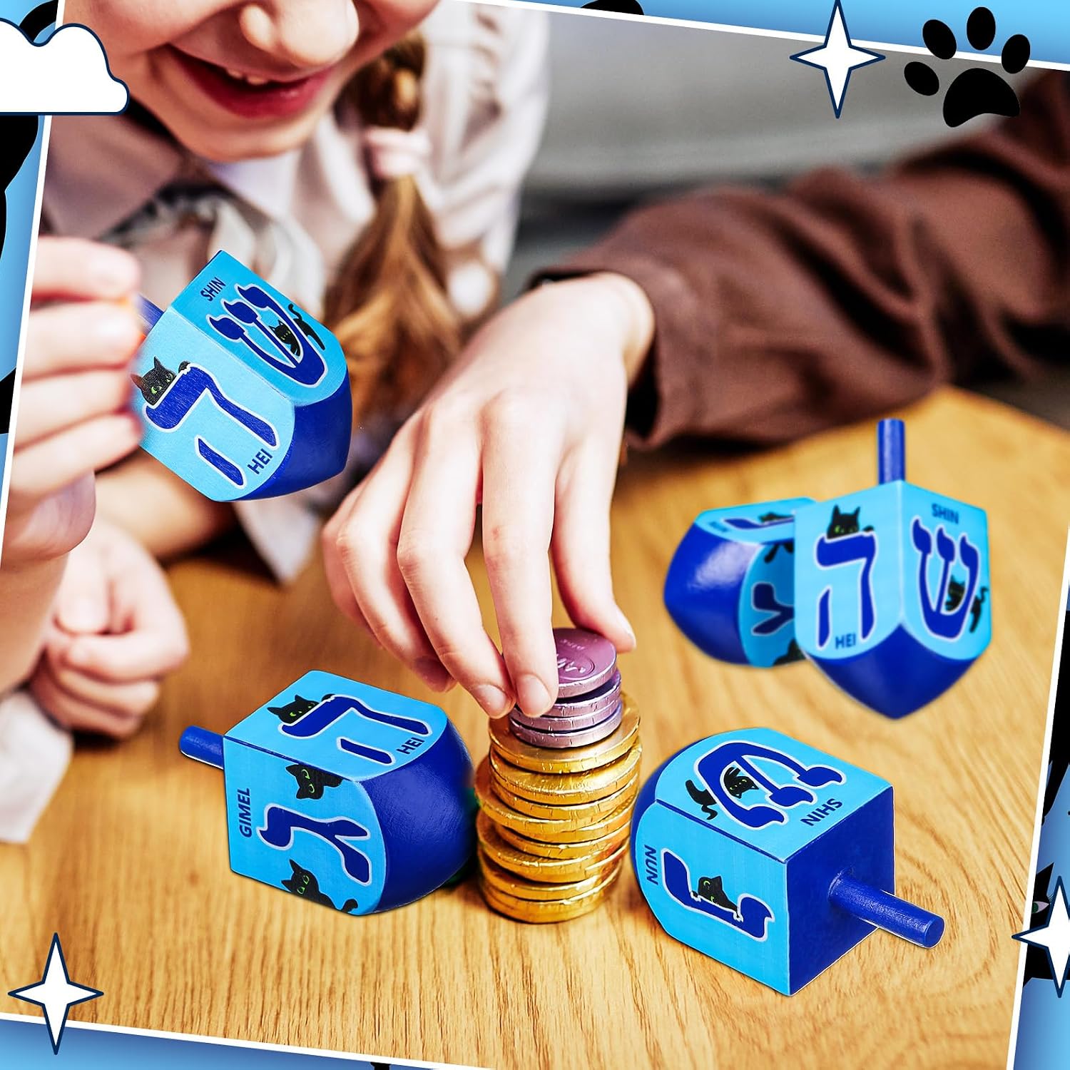 2 Pcs Hanukkah Dreidels Extra Large Wooden Dreidel for Hanukkah Decoration with English Transliteration, Forever Spinning Tops Party Favors(Cat)