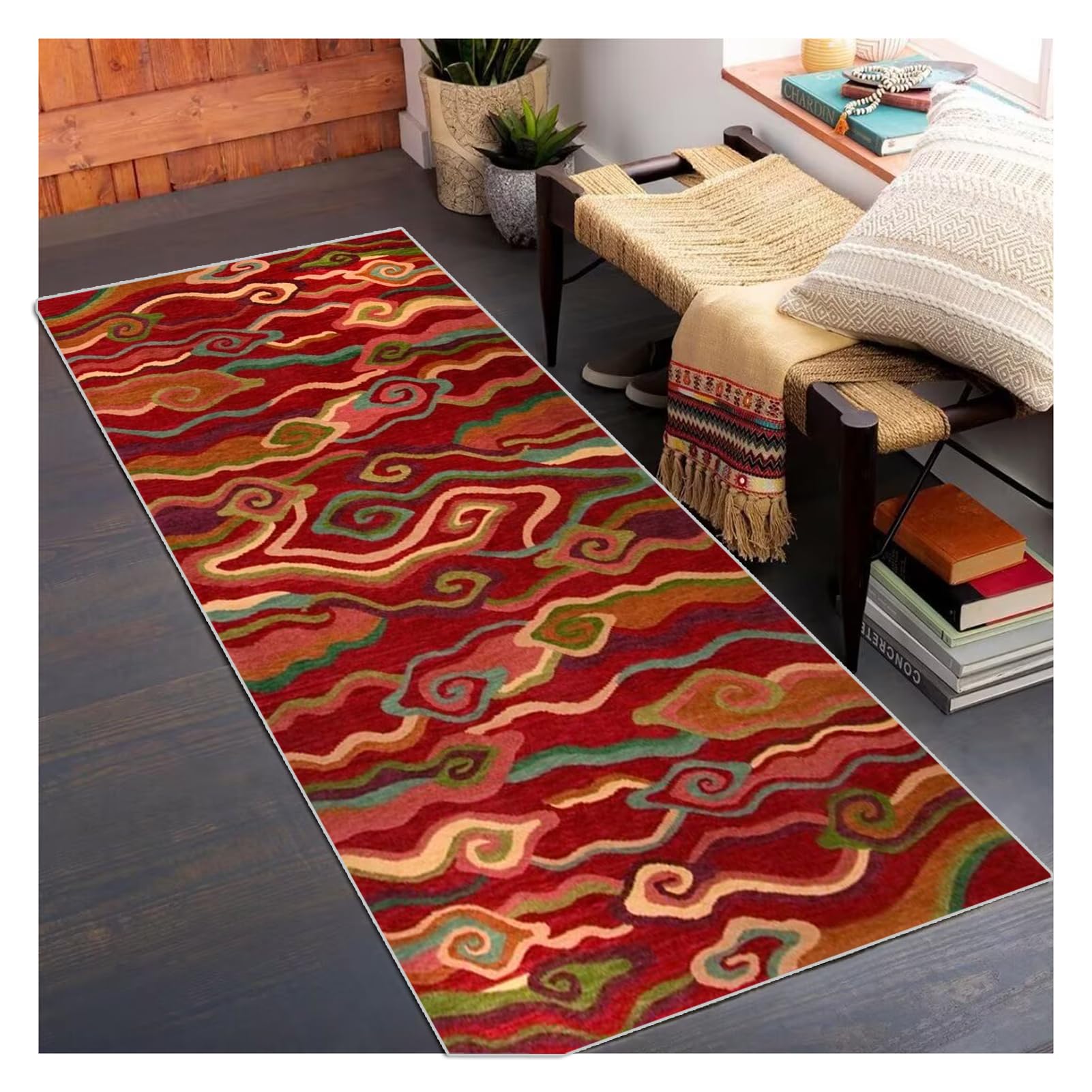 Siunwdiy Vintage Abstract Red Carpet Runner for Hallways/Entryway/Kitchen, Non-Slip Rubber Backed 100x490cm Washable Rug, Extra Long Narrow Floor Mat (40-120cm Width), Indoor/Outdoor Use