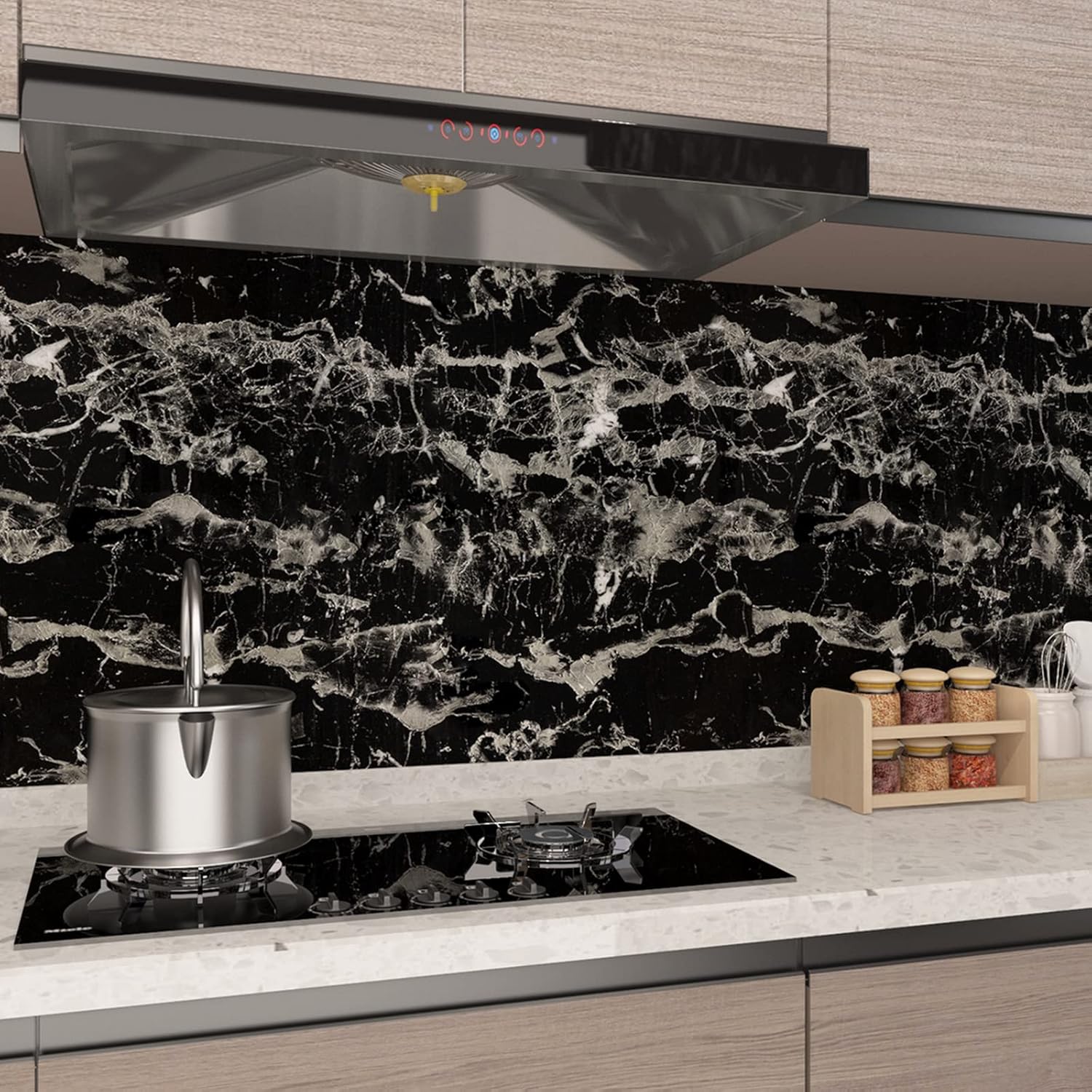 BAYYA Extra Wide Marble Granite Peel and Stick Wallpaper Black White 31.5x157inch Glossy Dark Countertop Contact Paper for Kitchen Bathroom Self-Adhesive Waterproof Marble Paper Vinyl Decorative Film