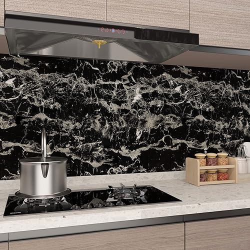 Miniatura 5 de Papel tapiz extra ancho de granito de mármol para despegar y pegar, color negro y blanco, 31.5 x 157 pulgadas, papel de contacto oscuro brillante