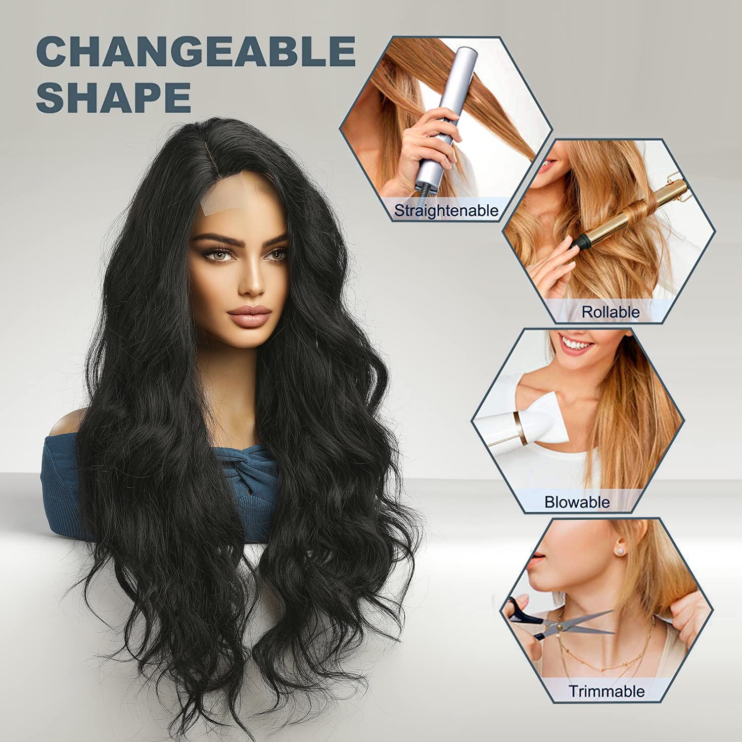 Esmee Long Wavy Black Wig for Women Natural Synthetic Middle Part Lace Wigs for Daily Party Use, Black Lace, 26 tum x 2 tum - Image 4