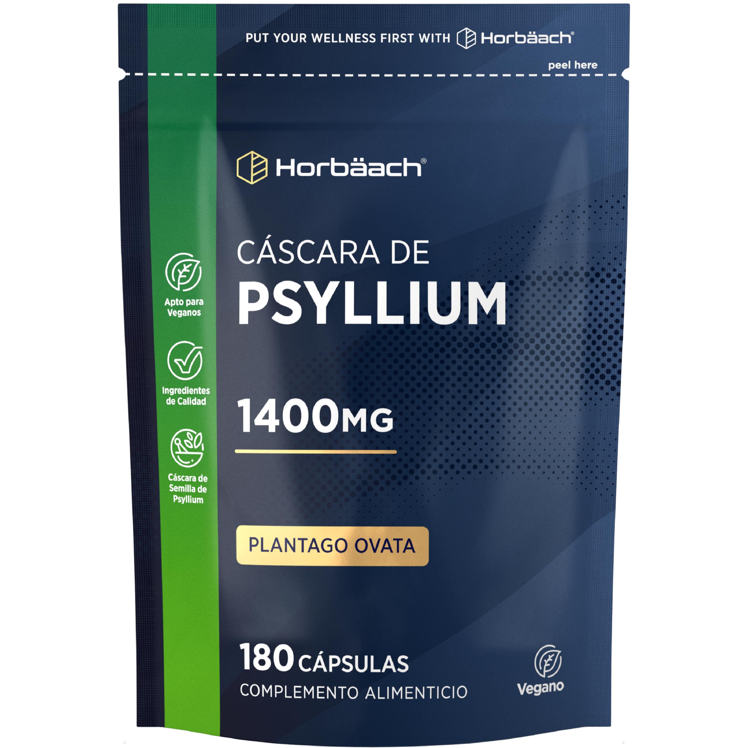 Psyllium Husk 1400 mg | Cáscara de Psyllium | 180 Cápsulas Veganas | Fibra de Psilio | Suplemento Fuente de fibra | Prebiótico Natural | Horbaach