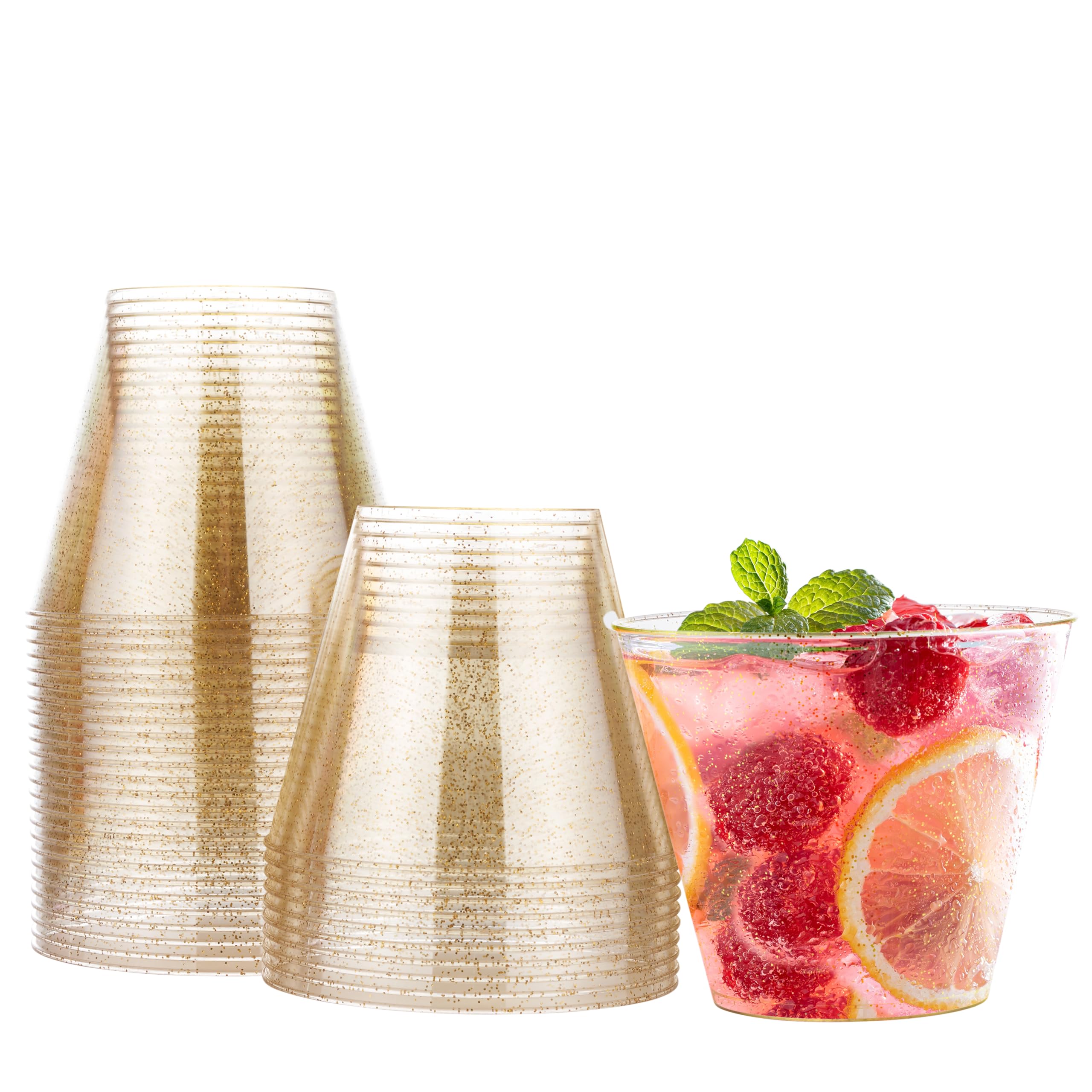 MATANA 30 Premium Clear Hard Plastic Cups, Plastic Party Cups with Gold Glitter (255ml / 9oz), Reusable Plastic Glasses