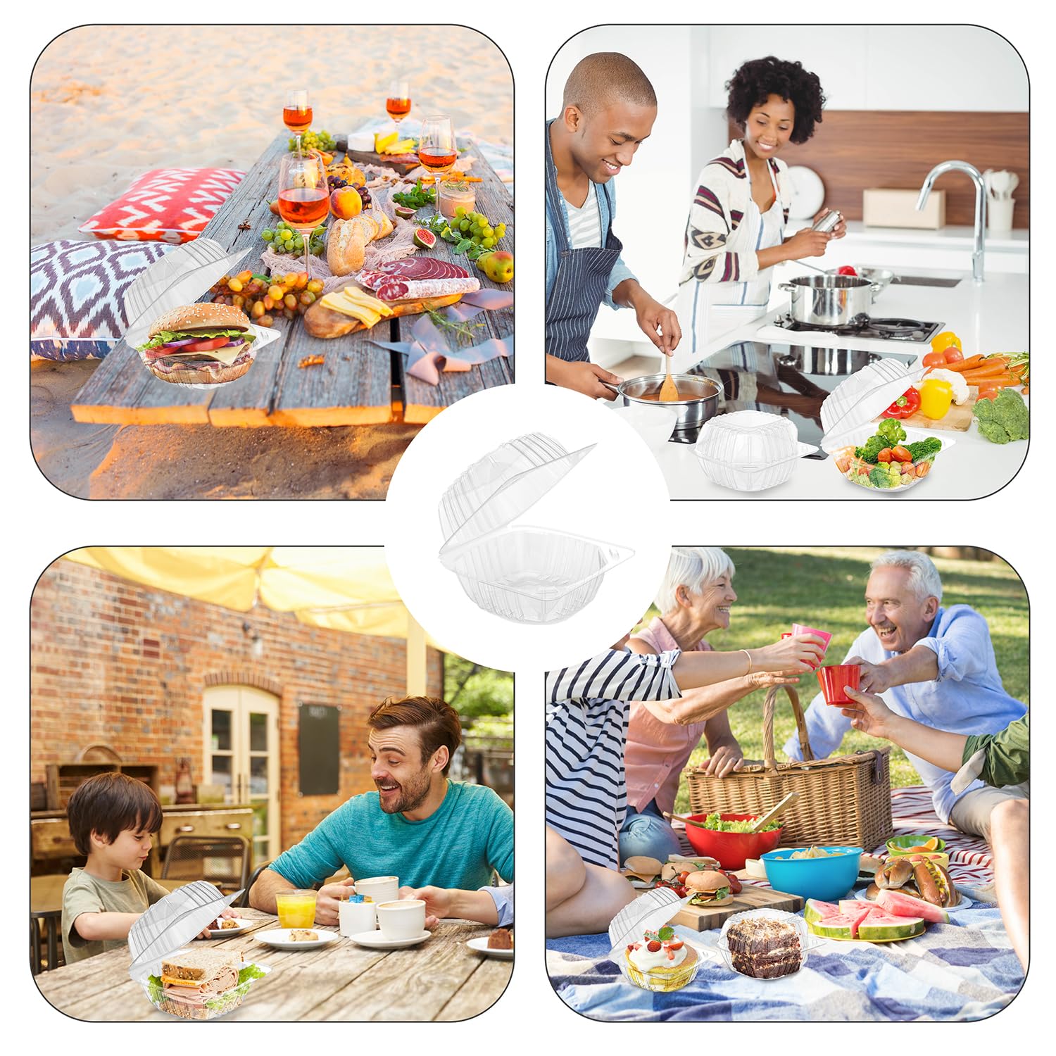 BallHull 100 recipientes desechables de plástico grueso transparente con bisagras, con tapas, 5.8 x 5.8 x 3.2 pulgadas, para postres, pasteles, galletas, ensaladas, pasta, sándwiches