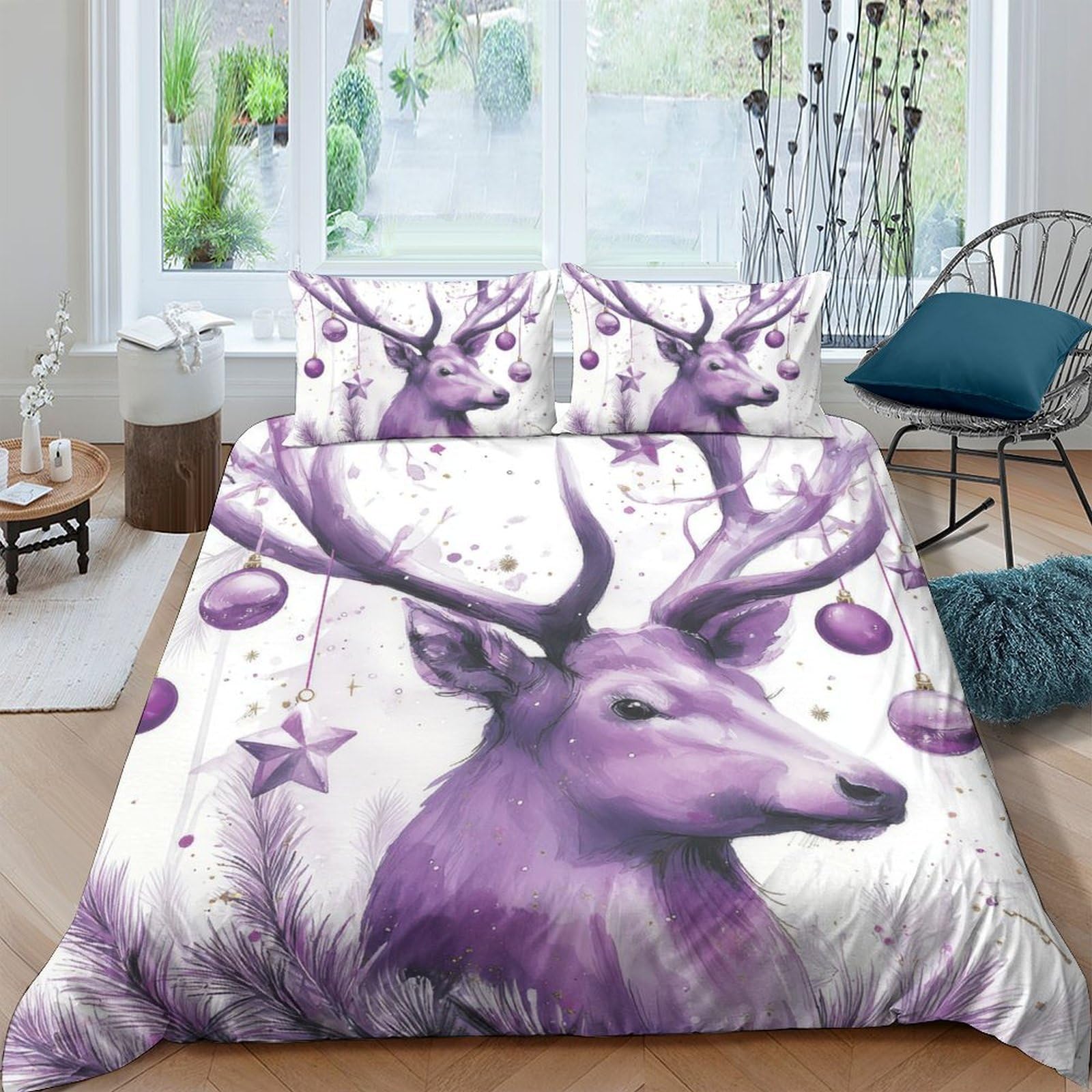 GPLZQXKJNH 3D Printed Purple Deer Duvet Cover Microfiber Soft Breathable Christmas Forest Bedding Set with 2 Pillowcases for Bedroom Home Single（135x200cm）