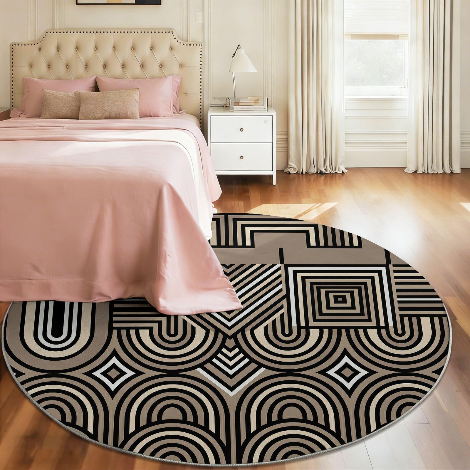 Tappeto rotondo, 160 cm, lavabile, motivo geometrico astratto, strisce a rombi, per camera da letto, a pelo corto, antiscivolo, per sala da pranzo e cameretta dei bambini, marrone