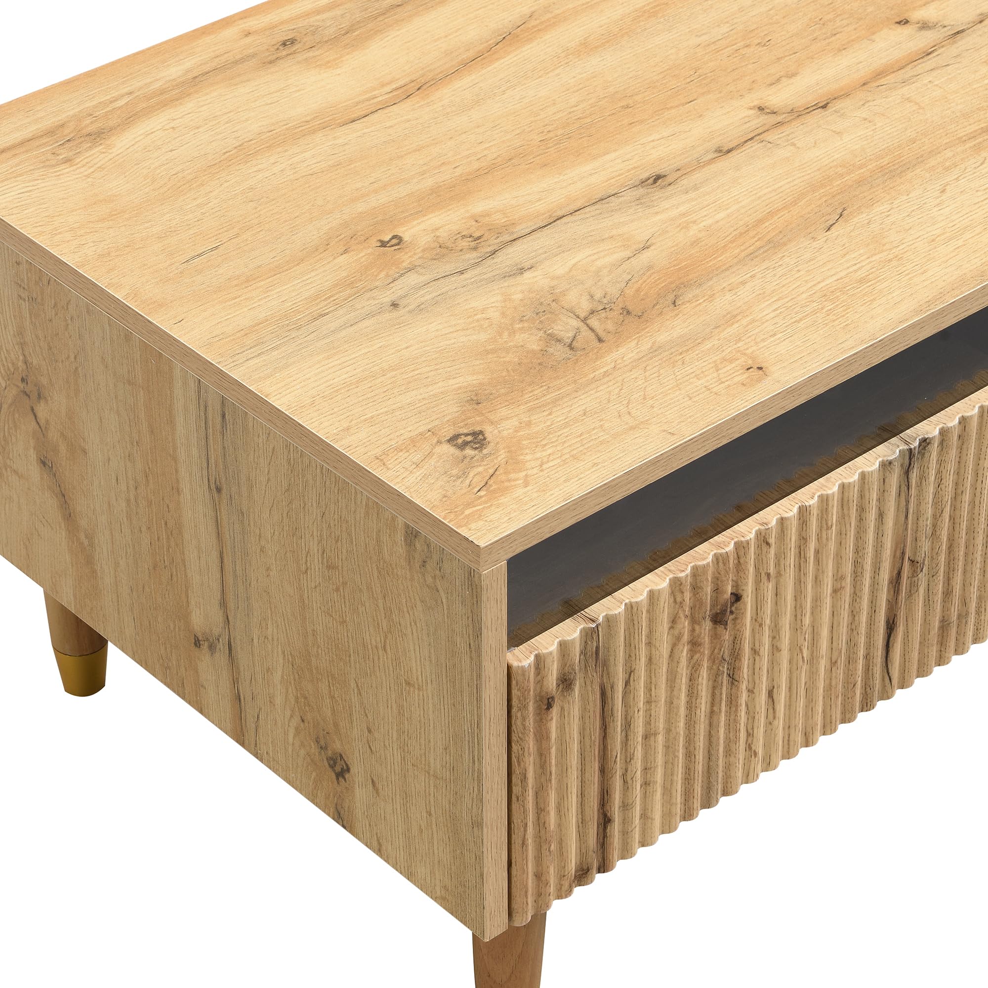MURUL Mesa de centro moderna con cajón ondulado, patas de madera dorada, dos cajones