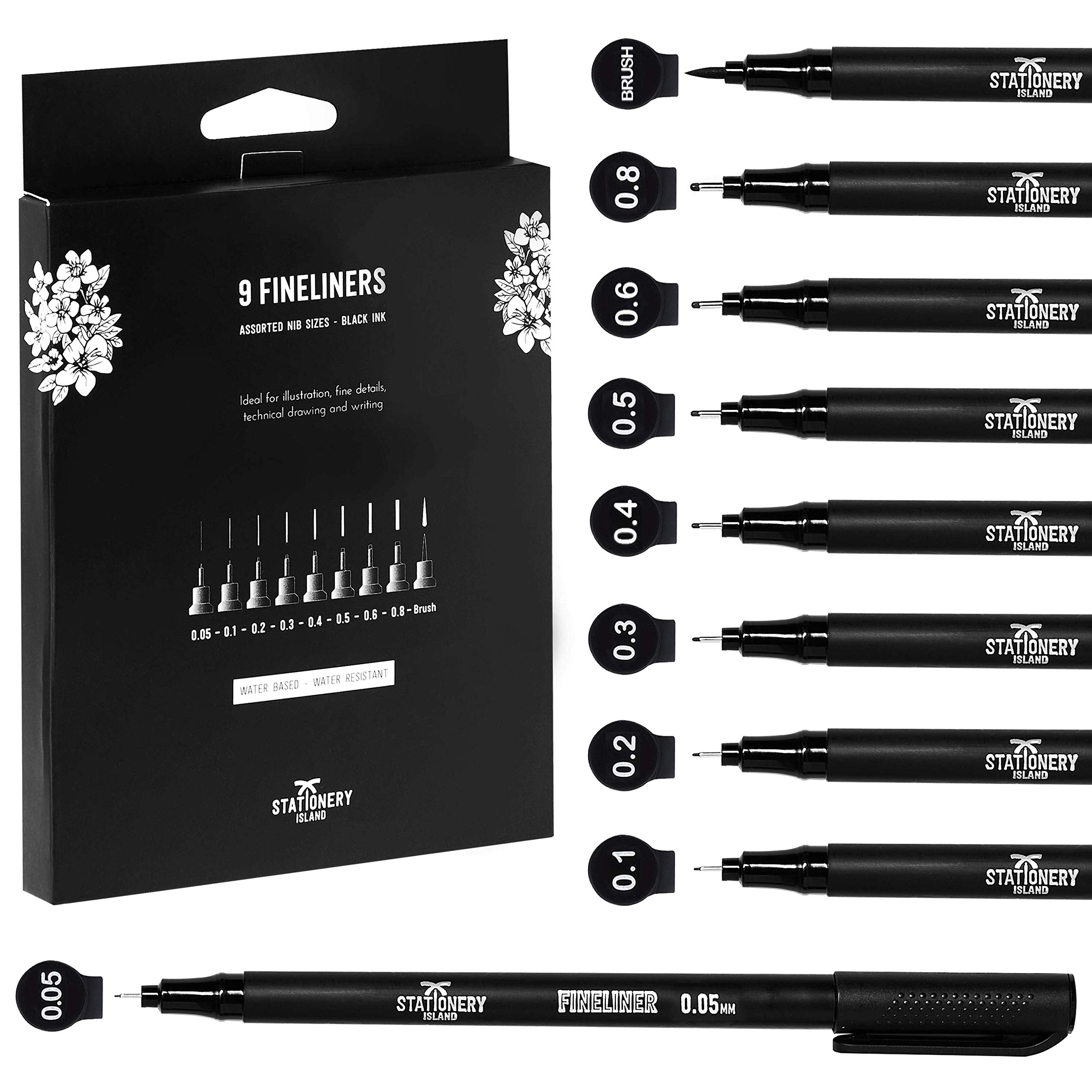 Stationery Island Fineliner Pens Pack Of 9 Black Assorted Nibs. Fine Tip Drawing Pens. For
