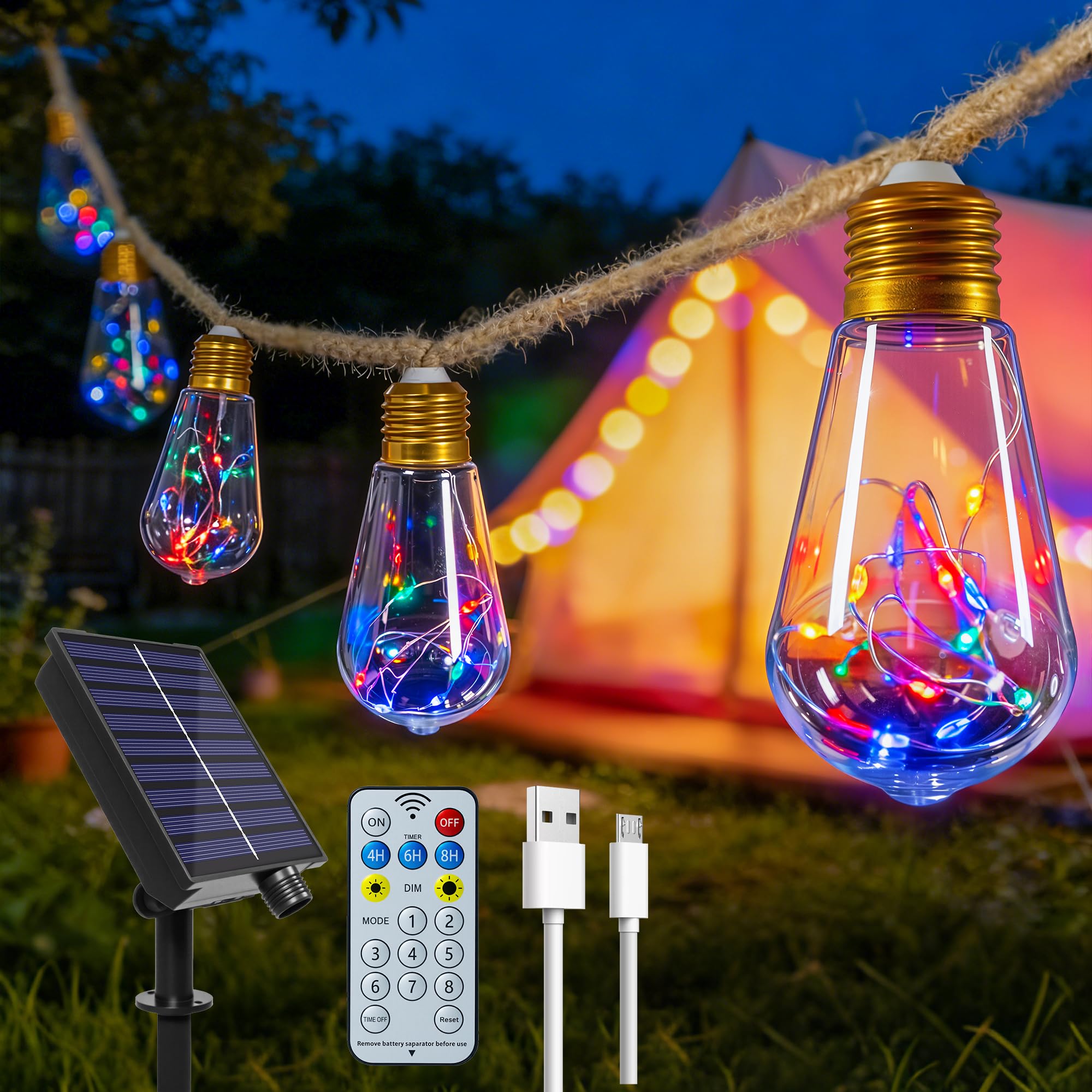 Ollny Solar Lights Outdoor Garden 6m Hemp Rope Festoon Light with Remote, USB Fairy String with 16 S17 Shatterproof Bulbs 160 LEDs 8 Modes, Waterproof Lighting for Outside Gazebo Decor(Multicolour)