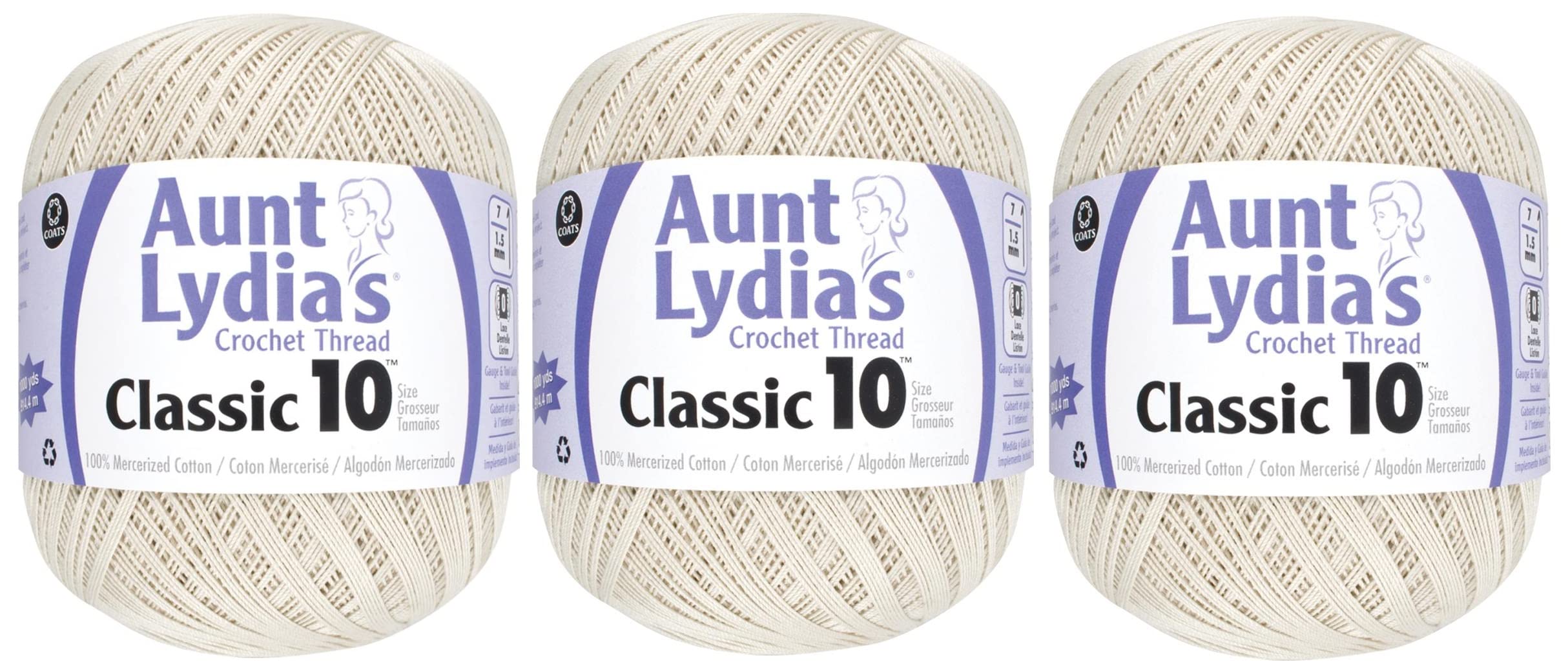 Aunt Lydia's Crochet Cotton Classic Crochet Thread Value Size 10 (3-Pack) Natural 151-226