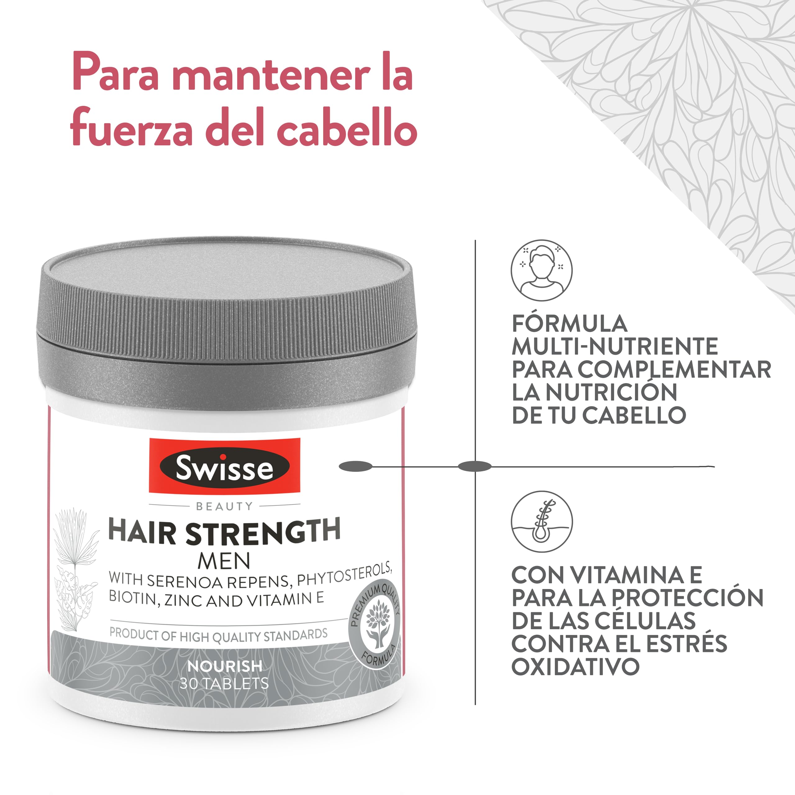SWISSE Fuerza del Cabello Hombres - Suplemento con Biotina para el Cabello Hombre con Zinc y Vitamina E 30 Comprimidos, Complemento con Vitaminas para el Cabello Fuerte Acción Nutritiva