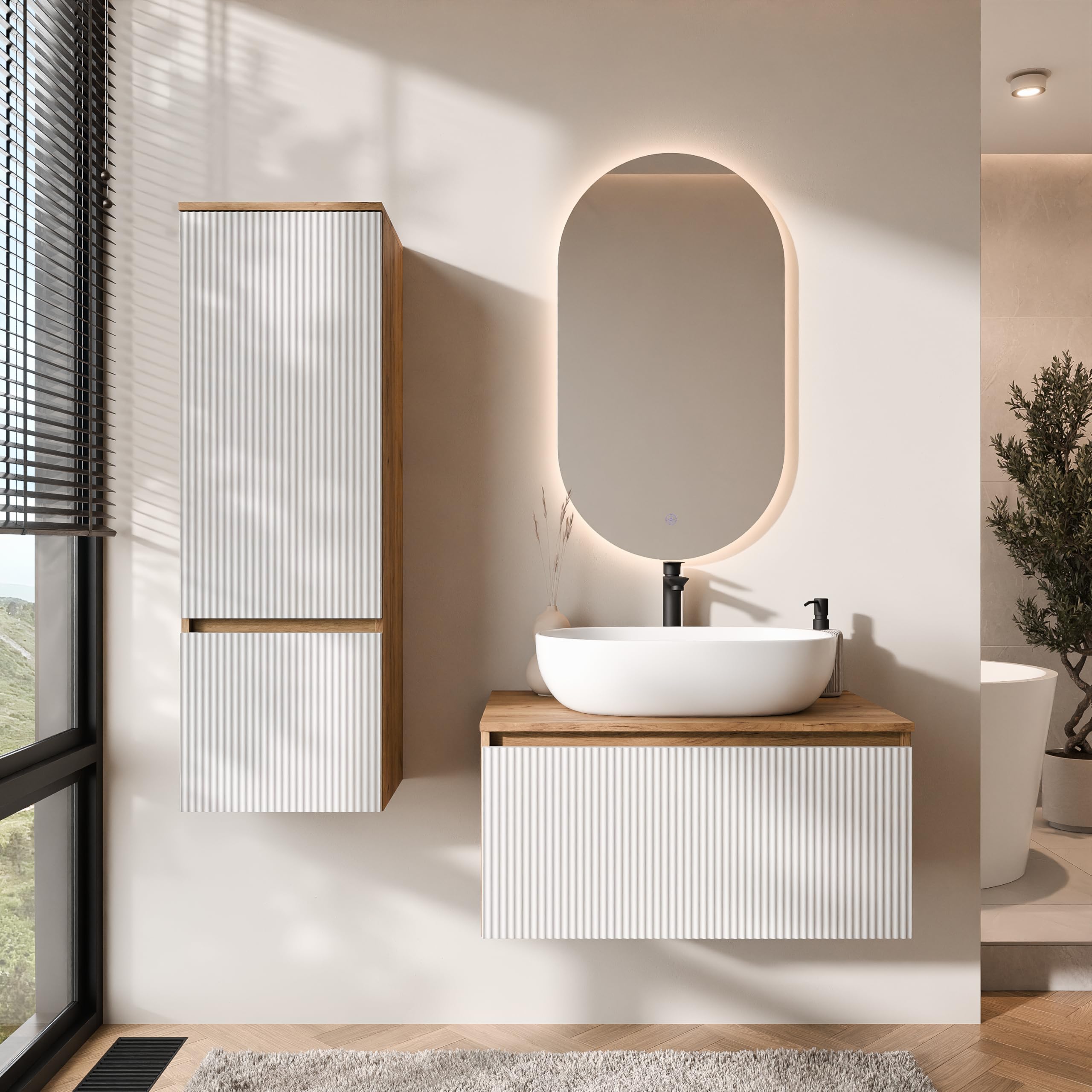 Planetmöbel Arisa - Conjunto de muebles de baño con mueble bajo, 80 cm, color roble dorado blanco (estriado) con espejo LED y mueble alto, lavabo de 60 cm, color: Blanco