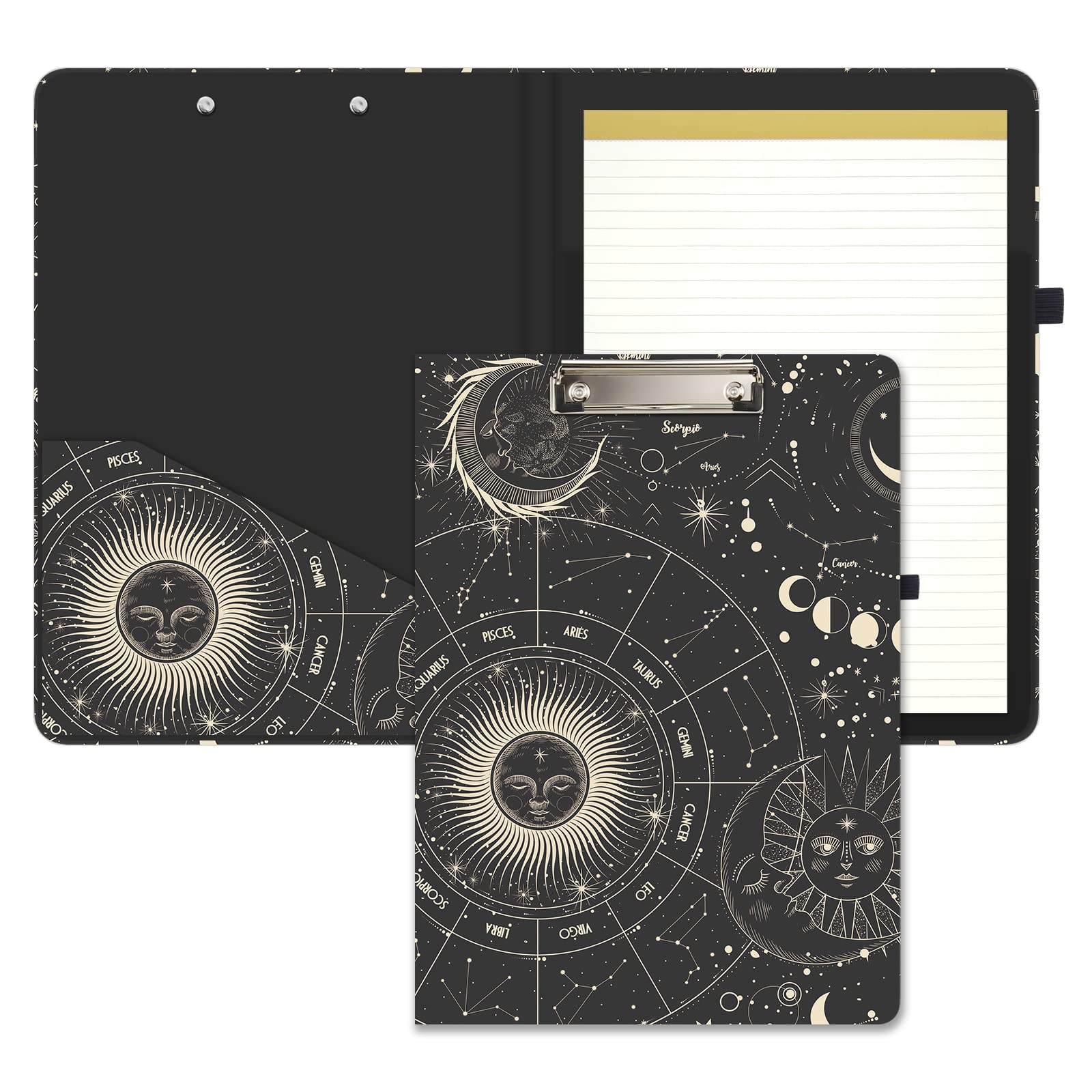 Hongri Clipboard Folio with Refillable Lined Notepad and Interior Storage Pocket for Students, Classroom, Office, Women, Man, Cute Custom Pattern, Size 12.8" x 9.2",Sun Totem