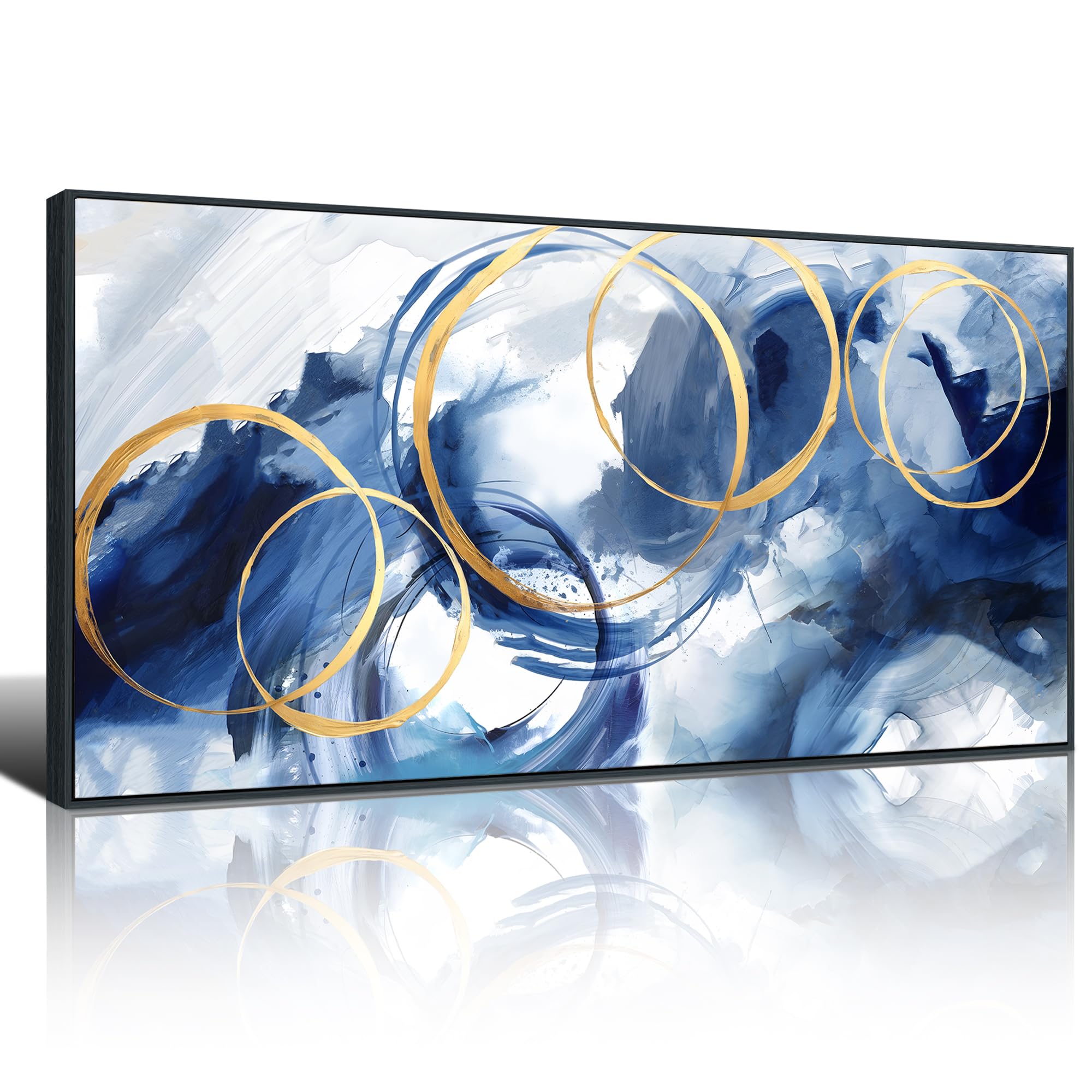 Large Framed Canvas Wall Art Blue Abstract Wall Art Pictures for Living Room Bedroom Kitchen Office Decor 29x58 In Navy Gold Modern Paintings