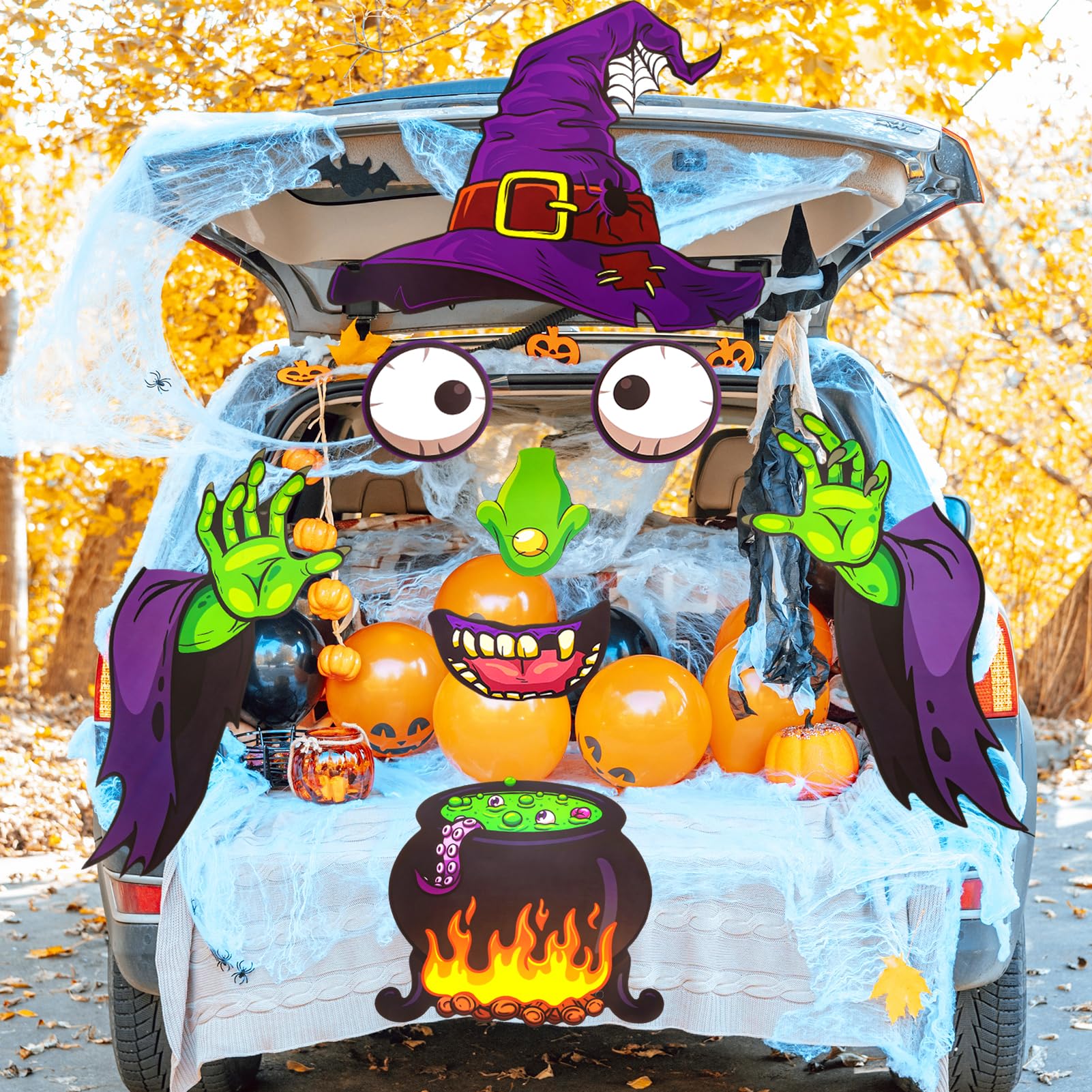 MM MEGIJAAKI Halloween Trunk Or Treat Car Decorations Kit – Witch Design With Spider – SUV & Garage Door Decor - View #12